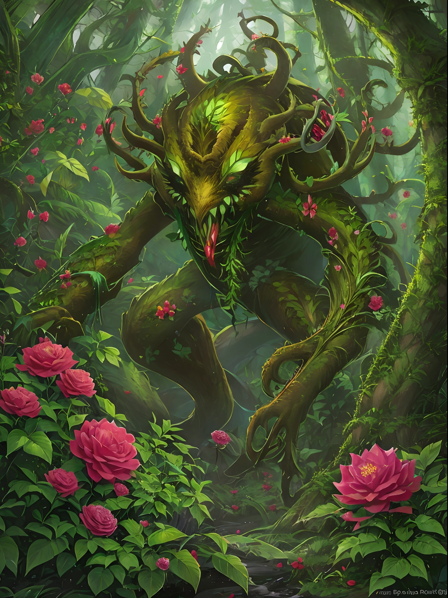 alraune, This monster lives deep in the forests and mimics flowers to prey on its prey. It has a large, beautiful red flower on its head and covers its body with vines and schools of flowers.