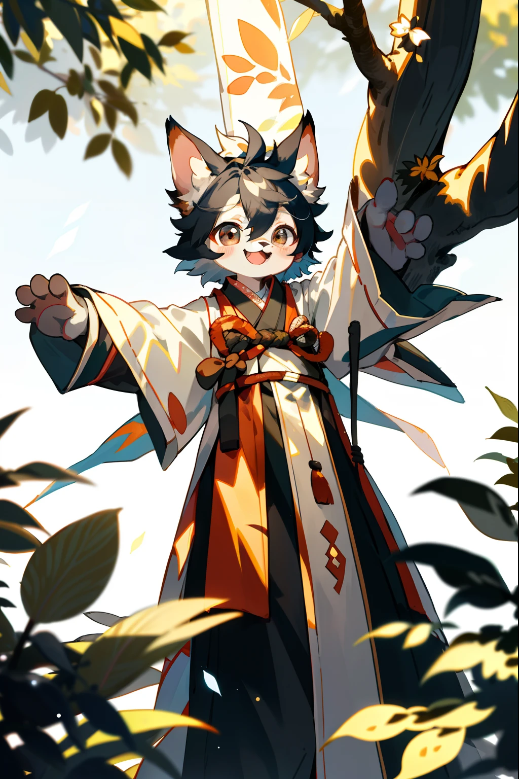 depth of fields,lighting perfect,light particules,(best qualtiy),(tmasterpiece),(ultra - detailed),Sharp focus,light particules,niji,eyesgod,Blushlush,brown_eyes,looking_at_viewer,smile,solo,furry,animal_ear_fluff,open_clothes,Arms back,The upper part of the body,coda,Hanfu,Chinese style clothes,rays of sunshine,The tree,with her mouth open,from below,Arms back,felid