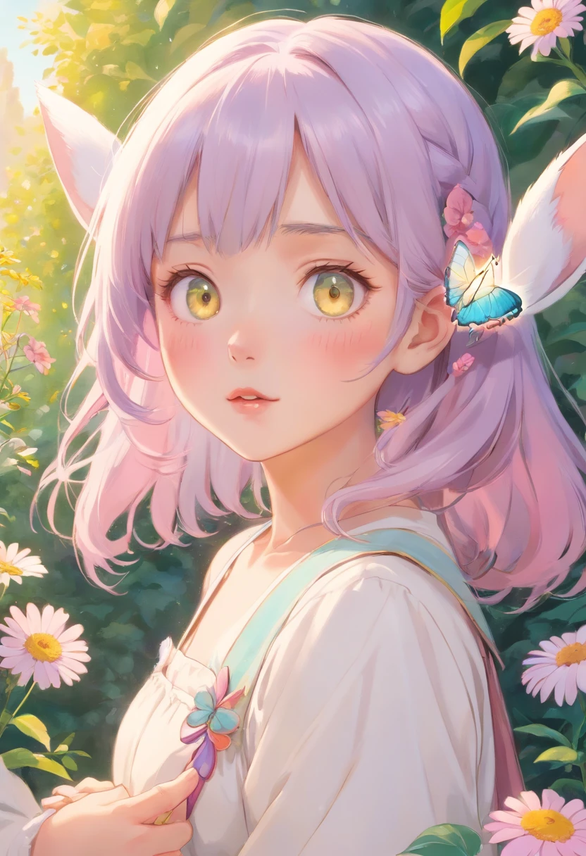 detail, Realism, 4K, -yeld gi detail in face, Big yellow eyes, Plump lips, Upturned nose, Gray hair with pink hair, wears a white dress, A rabbit in his hand, Flowers in the background, White butterfly in the foreground, Realistic shooting, Depth of field, Soft front light, Glow, hdr (pastel colour: 1.2), Canon RF 100mm F2.8L 宏 IS USM