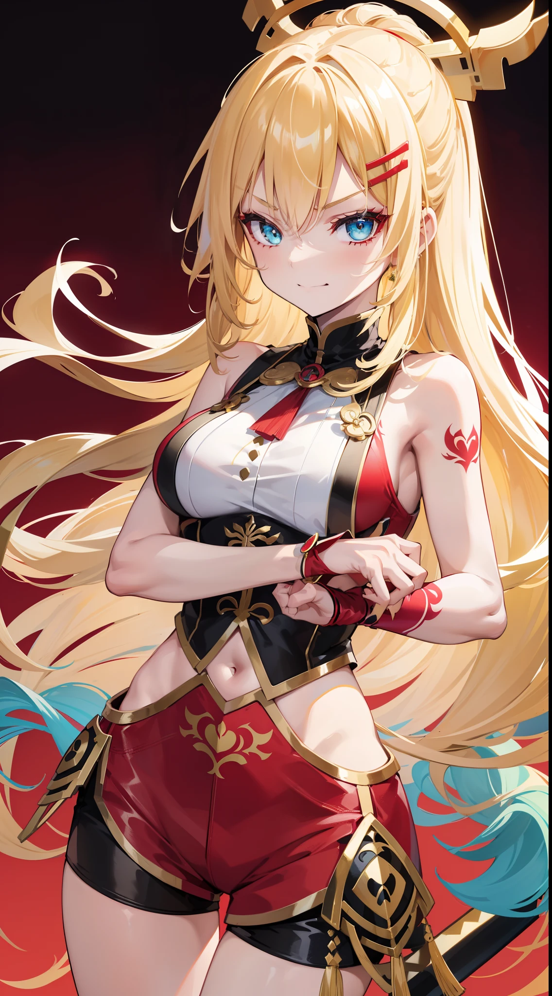 young girl, longue blonde hair, Hairpin with a bundle, turquoise eyes, Yakuza tattoos, red tight uniform, Sleeveless, Wide neckline on the chest to the abdomen, Gold Elements, Red gold armor, Shorts, claws, smirk, Masterpiece, hiquality, 4k, HD, Good detail