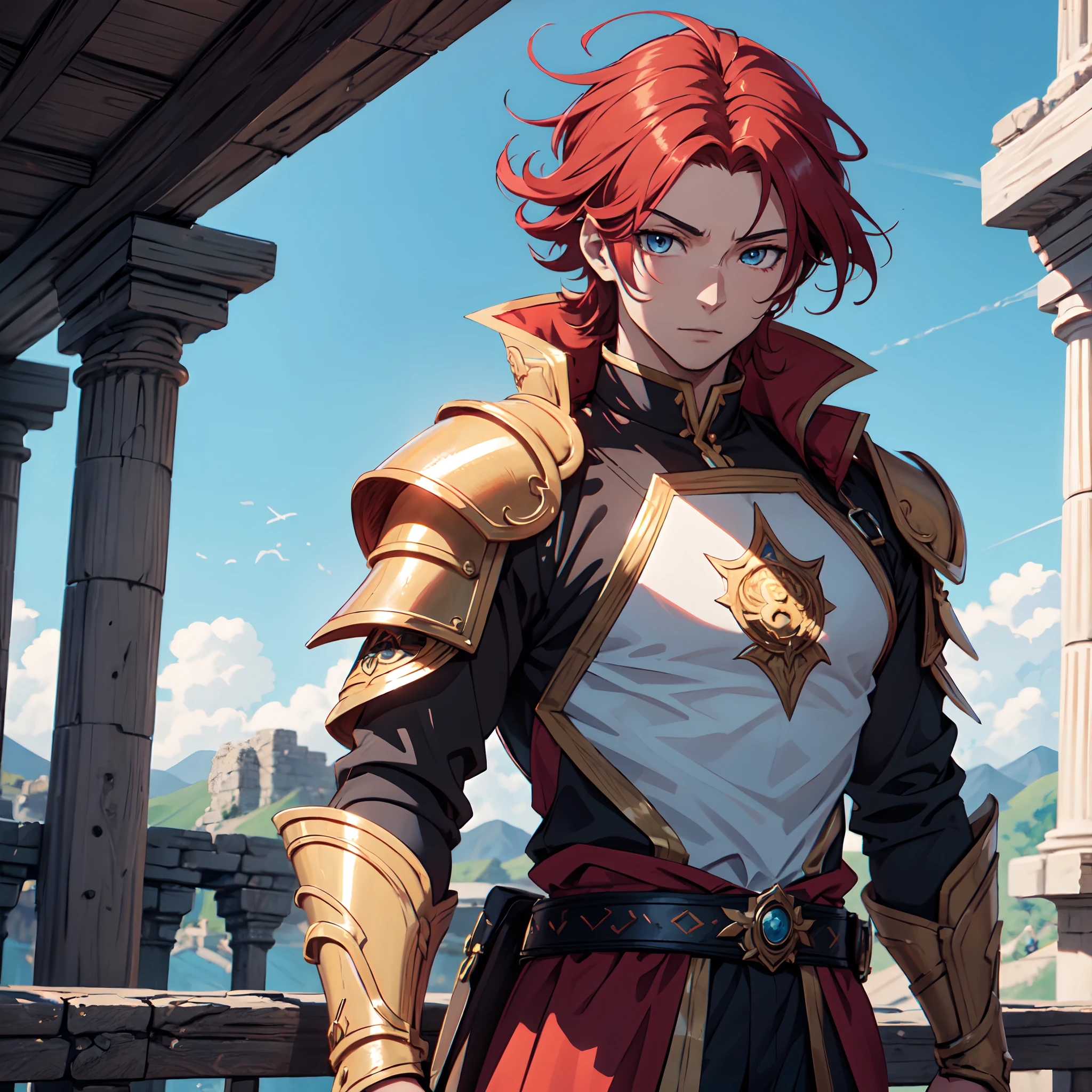 Ultra High Definition, Ultra High Quality, Extremely Detailed, Perfectly Detailed, Masterpiece, 8k, 1 Boy, Look A Like Xin From Kingdom Anime, Handsome, Equipped With Paladin Armor, Solid Light Blue Eyes, Long Red Hair, Body Shot, Ancient Kingdom Background
