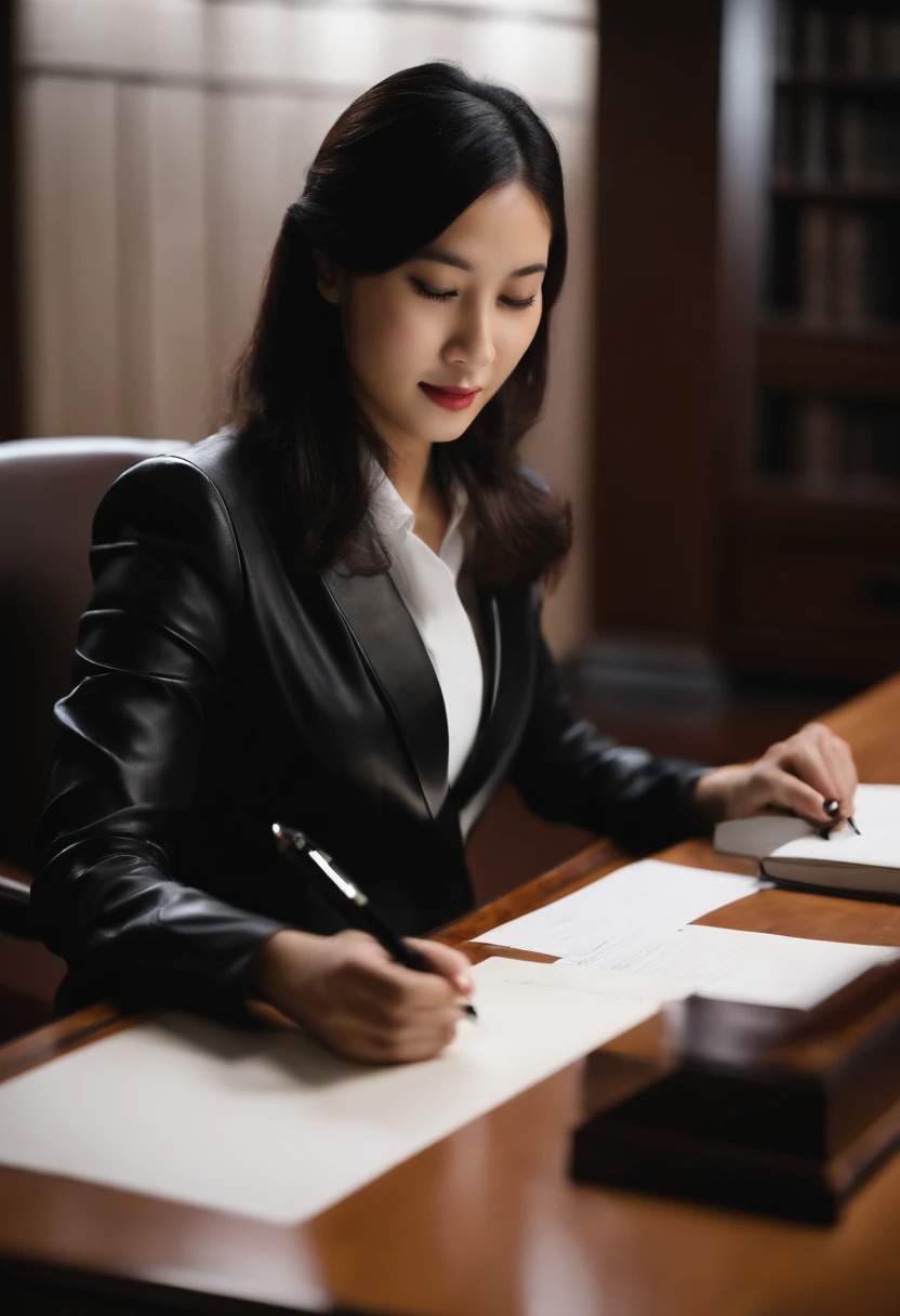 Wearing black leather gloves in both hands, upper body, black business suit, facing the desk in the modern study in the dark, looking down and smiling, writing a letter using a fountain pen, long, straight black hair, young and very cute Japanese female new employee (black leather gloves cover both hands)