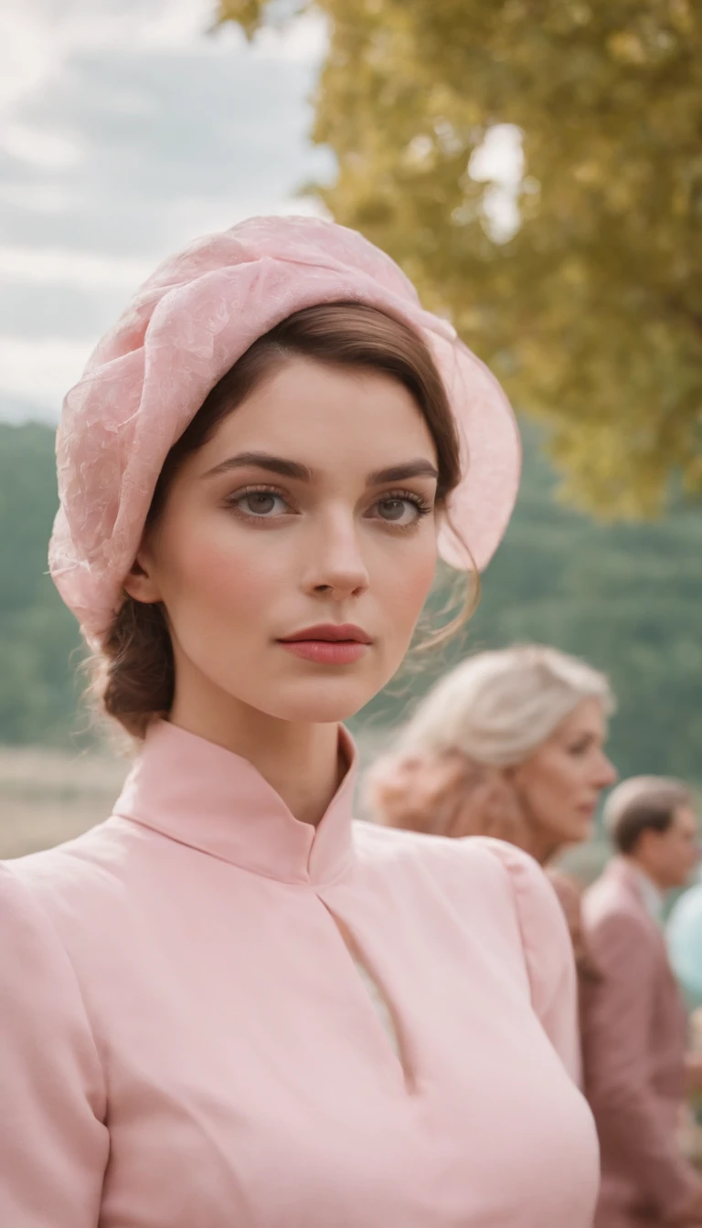 A young woman，upper body,8k portrait of a 1960s science fiction film by Wes Anderson, Vogue anos 1960, pink pastel colors, amarelo, azul, verde, There are people wearing extravagant retro fashion outfits, Luz Natural, Psicodelia, futurista estranho, fotorrealista, hiper detalhado, foco nítido, Intrinsic, Fuji filmes 55mm,