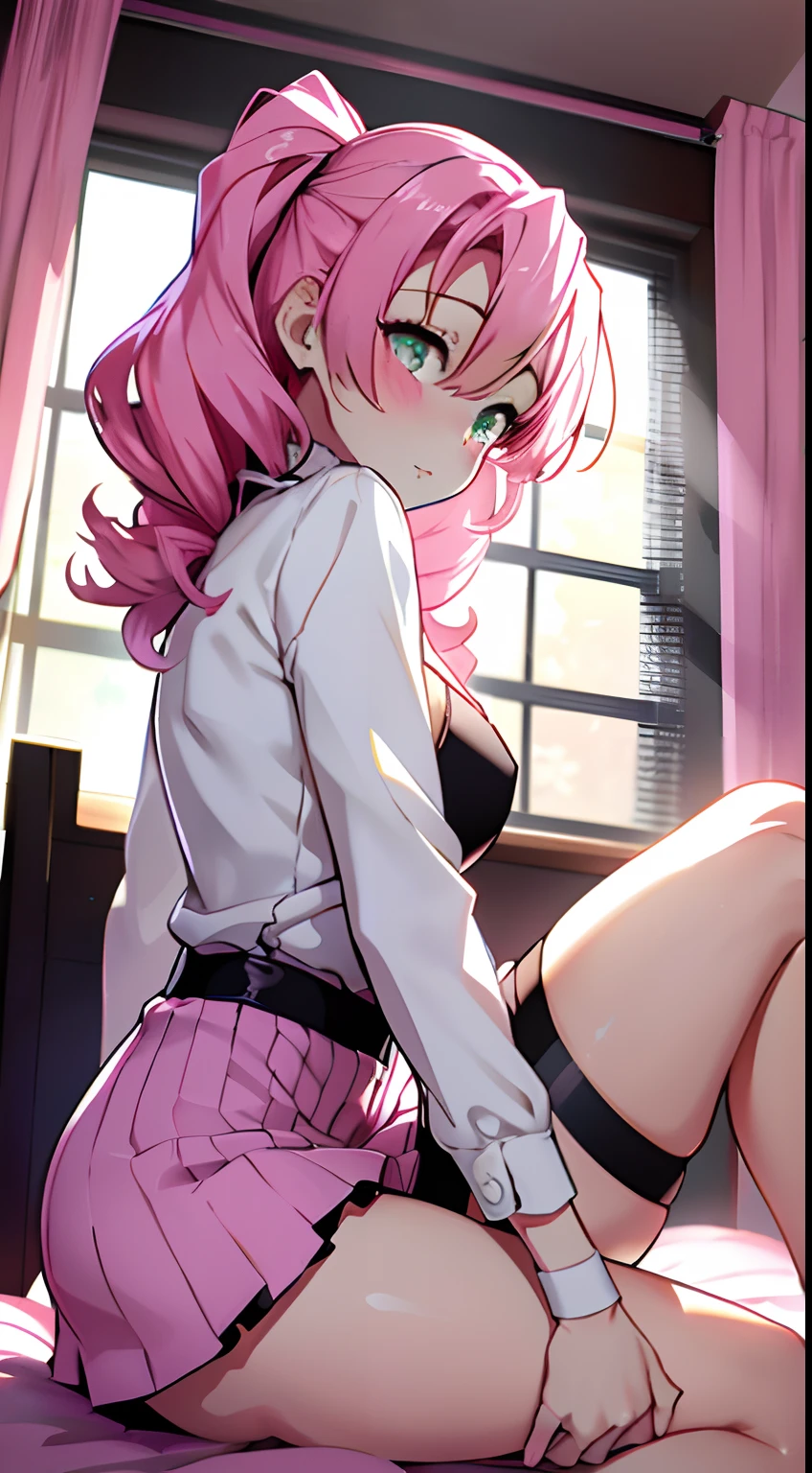 Photo view from the side,super hot mommy masterpiece, puts one foot right on top of us, Nsfw, sfw, 18+, ero, erotic, embarrassed, blushing, pink hair, Kanroji, Sitting on bed, legs crossed, one leg on top of the other, legs crossed, ultra thin sexy tight short dress, very short dress, panties visible, sexy pink stockings, heels,Hi-Res, 1girl in, Cute anime illustration, 18+