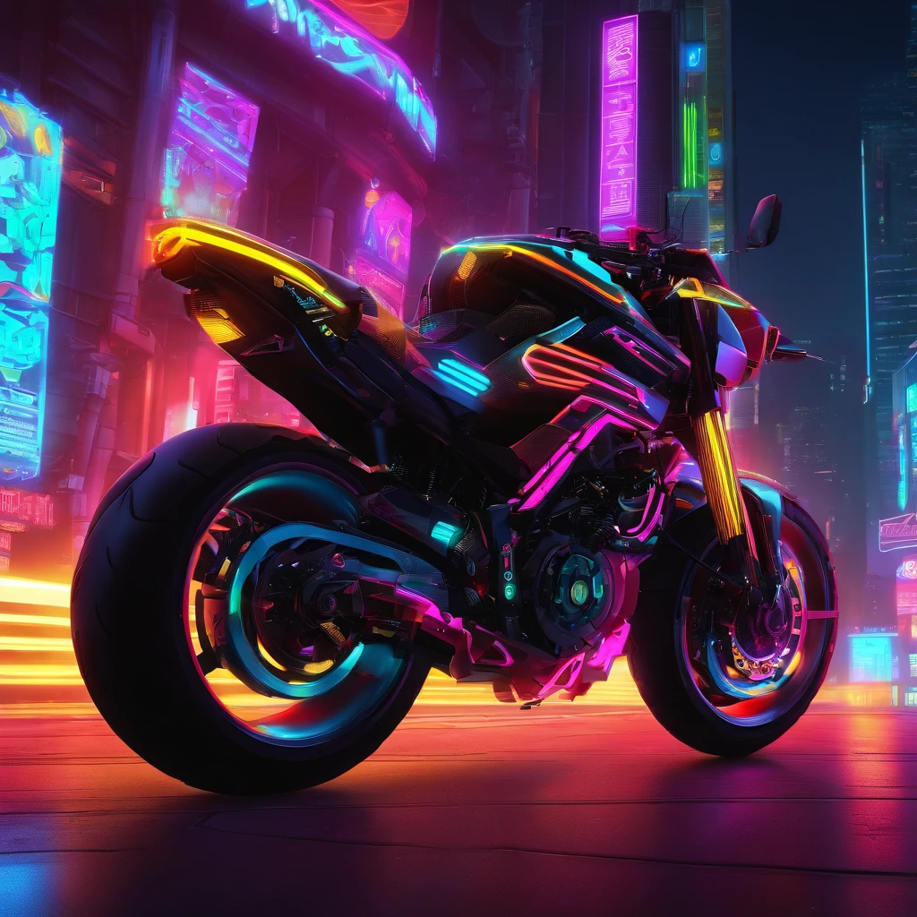 Cyberpunk style motorcycle, Black and neon color, It has an intricate mechanical structure and luminescent parts. Simple background, Lighting style: the street lights. Fancy words: Powerful, sleek, Futuristic, Exposed chassis, Tron Halo，Lifan V16Plus，the motorcycle