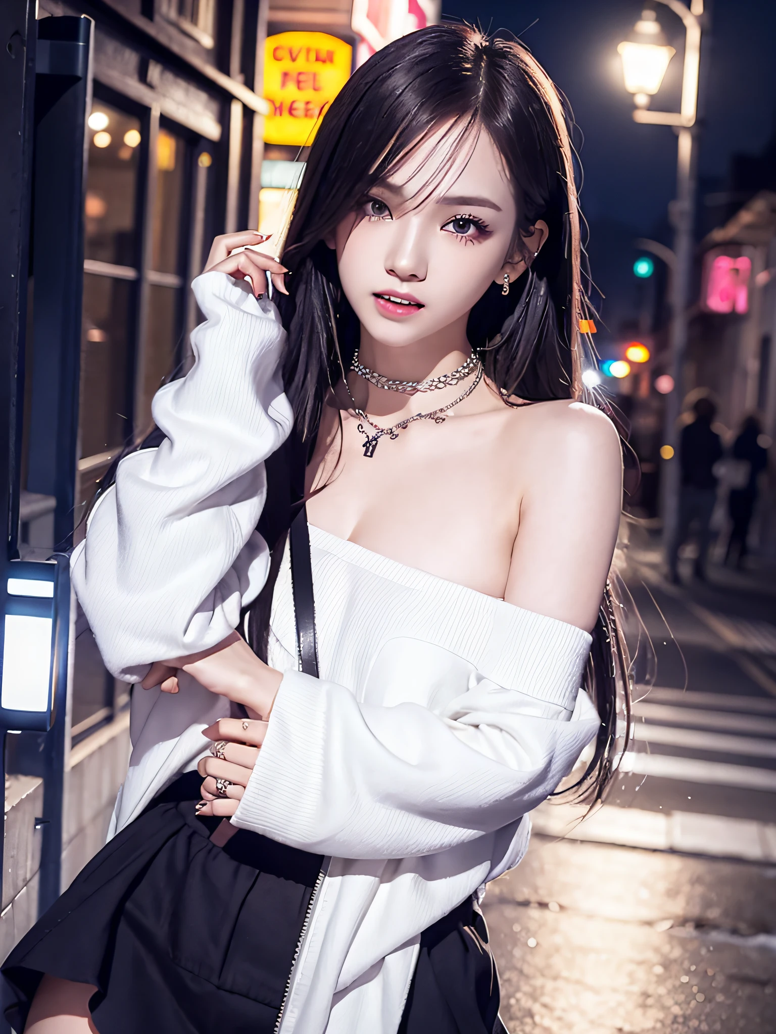 tall girl with fangs standing in the street at night, sexy pose ,snow on the ground, wet clothes, seductive, beauty spot on chin, wearing a loose oversized jacket, off the shoulder, fishnet leggings, wearing an oversized dress, wearing a long loose white shirt, sexy thighs, side pose, small mole on the chin, blushing, neon lights in the background, detailed background, raining, long sleeves, neck choker with necklace, long necklace, evil look, detailed digital anime art