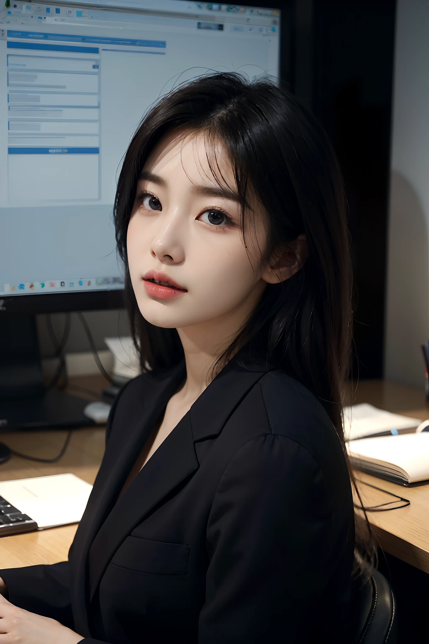 High-res, Realistic portrait of professional korean office lady with perfect skin,Professional suits,Women's suits,stand posture,The upper part of the body,Women in the workplace,Show confidence and maturity, Surrounded by a modern corporate environment, Vibrant and naturally lit highlights. The artwork should emphasize her elegant facial features, Including charming long eyes, Fluttering eyelashes and seductive lips. The scene should be enhanced with elements of professionalism and visual appeal,For example, Stylish work desk, Mainframe computers, High-resolution display, and complex stationery. The overall tone should be warm and professional, Has a soft and natural color palette. The artwork should exude a sense of professionalism, Success, and cultural pride,The background is blurred out