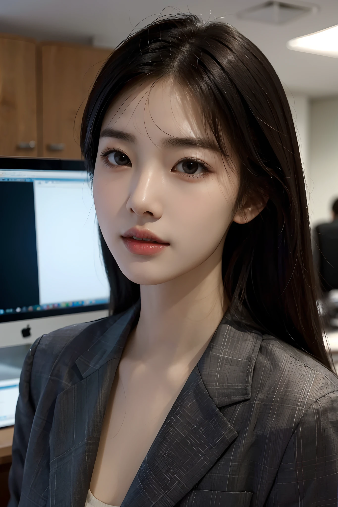 High-res, Realistic portrait of professional korean office lady with perfect skin,Professional suits,Women's suits,stand posture,The upper part of the body,Women in the workplace,Show confidence and maturity, Surrounded by a modern corporate environment, Vibrant and naturally lit highlights. The artwork should emphasize her elegant facial features, Including charming long eyes, Fluttering eyelashes and seductive lips. The scene should be enhanced with elements of professionalism and visual appeal,For example, Stylish work desk, Mainframe computers, High-resolution display, and complex stationery. The overall tone should be warm and professional, Has a soft and natural color palette. The artwork should exude a sense of professionalism, Success, and cultural pride,The background is blurred out