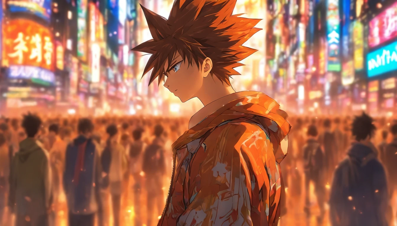 Young man standing on a busy city street, His eyes were full of deep contemplation, Surrounded by towering buildings, Continuous traffic, And bustling crowds, ,In the style of star art group Xing,32K, Best Quality, masutepiece, Super Detail, high details,