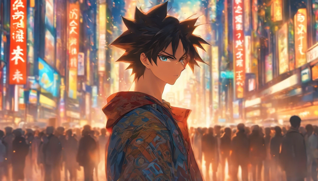 Young man standing on a busy city street, His eyes were full of deep contemplation, Surrounded by towering buildings, Continuous traffic, And bustling crowds, ,In the style of star art group Xing,32K, Best Quality, masutepiece, Super Detail, high details,