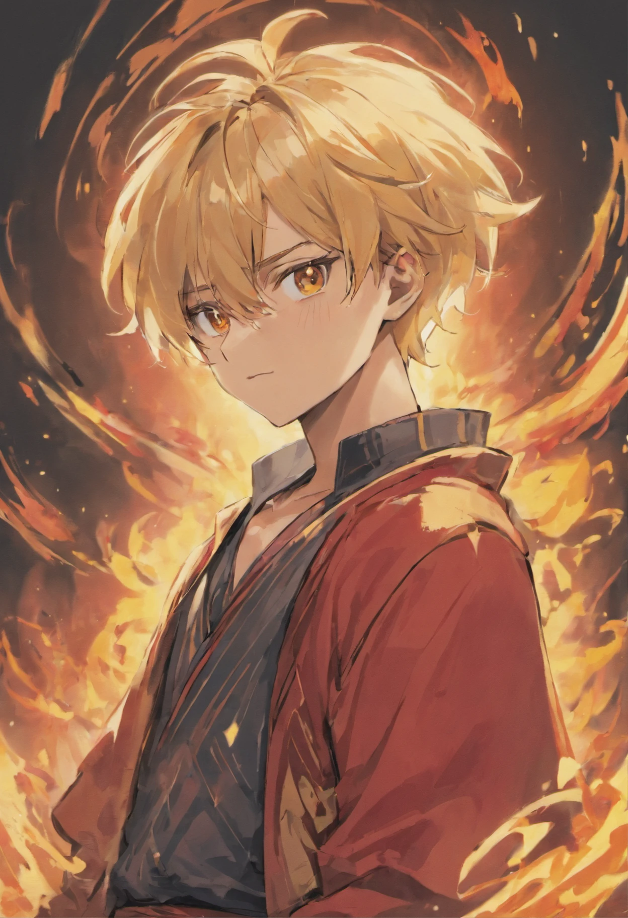 Alibaba is a young man of average height with blond hair and golden eyes. He has a short, thick ahoge on his hair, and wears a small red rope tied around his neck, He initially wore a traditional Arabian outfit with a sash around his waist to hold his knife, black boots with blue stripes, with white clothes, and one earring in each ear, he additionally started wearing two red earrings on the top of his left ear, with fighting poses with flames around, and make it anime style