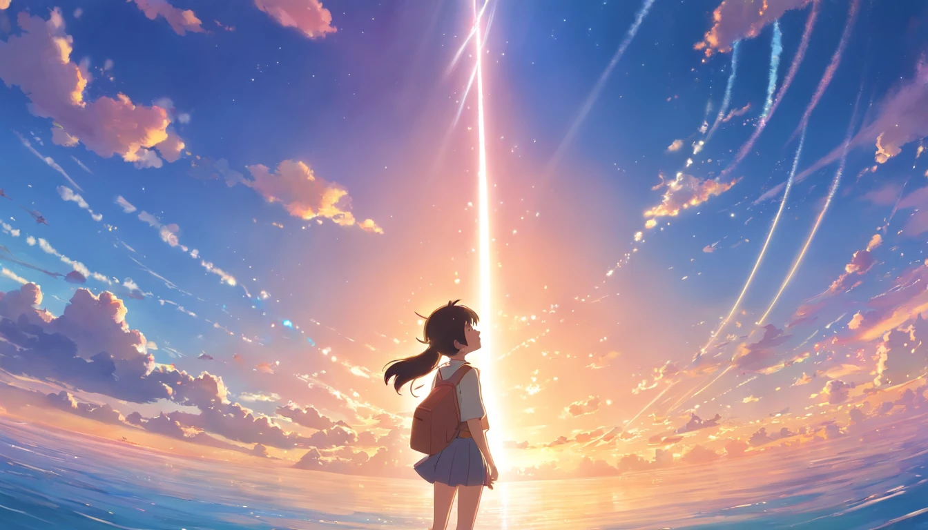 obra prima、qualidade superior、Fotos de filmes、1girl、、starly sky、floating into the sky、um close-up、luminoso、felicidade、Soft lighting and Warm、(spark:0.7)