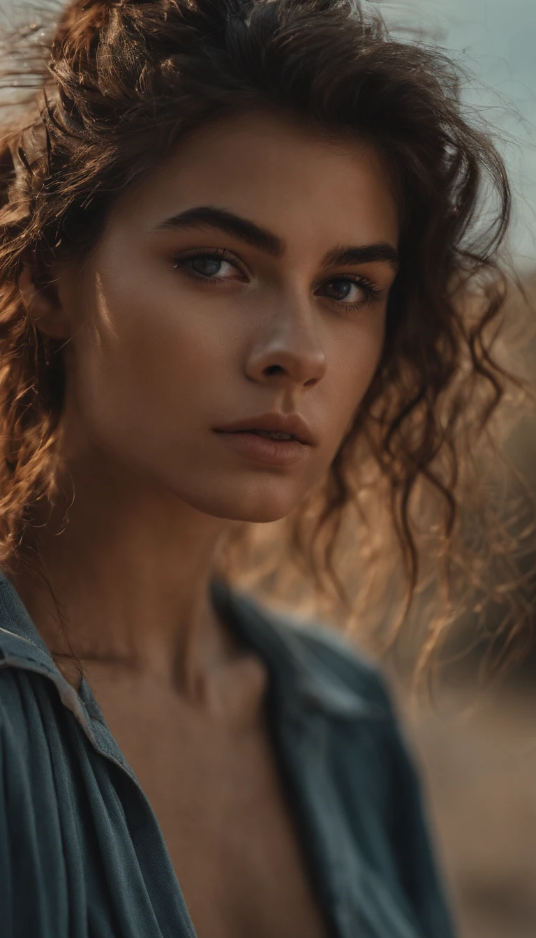 1girl, idol, close-up, collarbone, ,, photo, film, depth of field, skin texture, t-shirt, rubber band, topknot, long hair, messy hair, freckles,