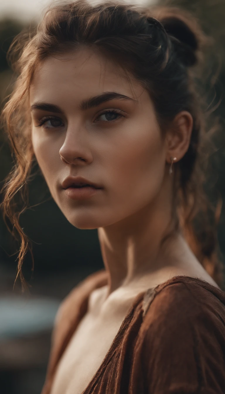 1girl, idol, close-up, collarbone,  ,, photo, film, depth of field, skin texture, t-shirt, rubber band, topknot, long hair, messy hair, freckles,