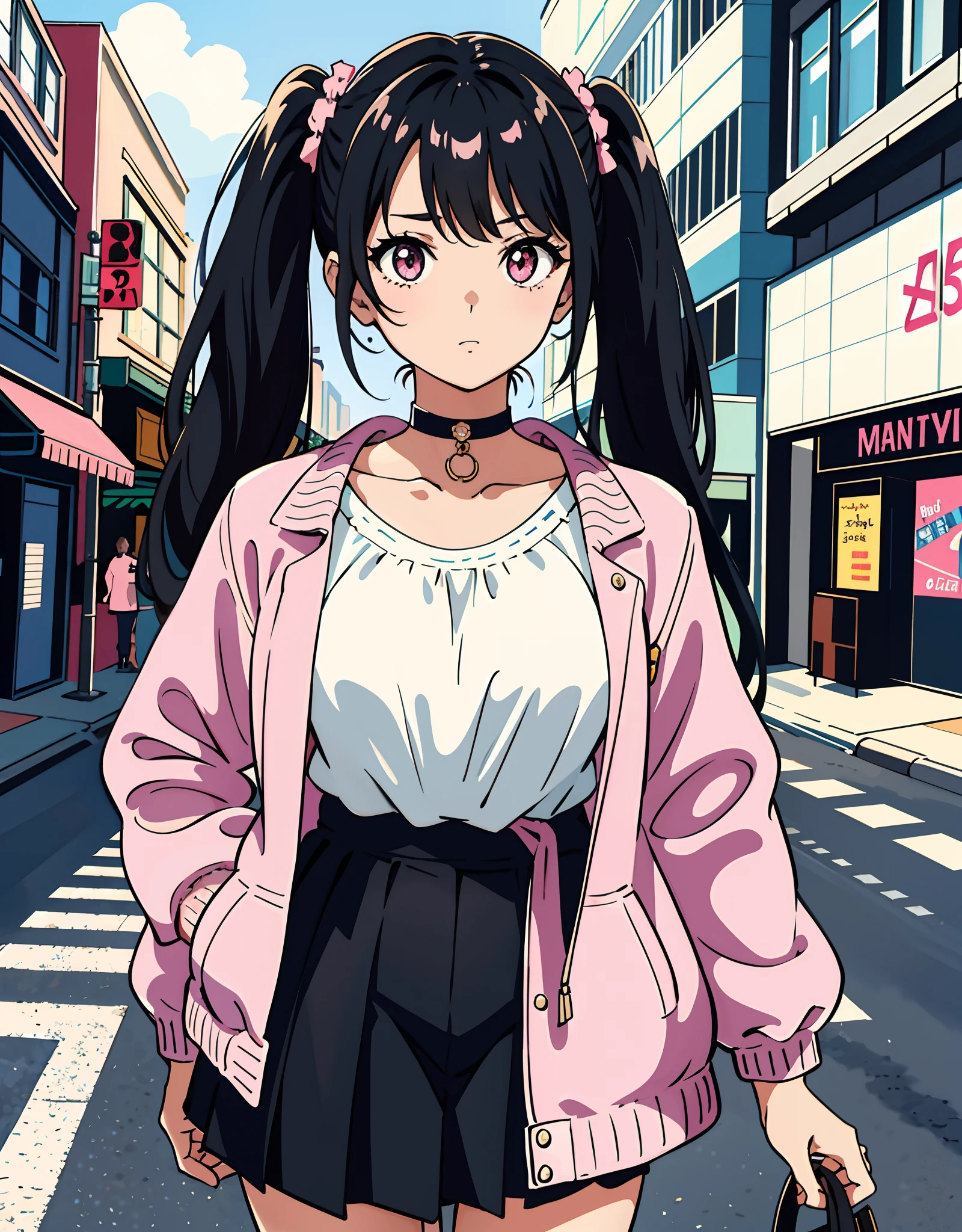 an anime girl with black hair in the crowded city, pink jacket, Azur Lane, twintail, pink eyes, medium breasts, choker, beautiful pink eyes, in the style of vintage aesthetics, celebrity and pop culture references, animated gifs,gritty reportage,asante art, 32k uhd, 19thcentury --ar 58:77 --niji 5