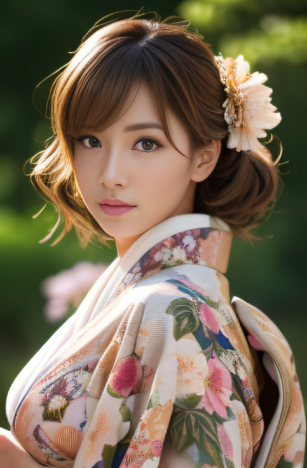 (masterpiece:1.2), ultra detailed, ultra high res, (realistic, photo realistic:1.37), high detail RAW color photo, professional photograph, an extremely delicate and beautiful, extremely detailed, 8k wallpaper, Amazing, finely detail, huge file size, extremely detailed beautiful girl, extremely detailed face, extremely detailed eyes, extremely detailed skin, extremely detailed fingers, extremely detailed nose, extremely detailed mouth, perfect anatomy, highly detailed background, (a famous actress of Japan:1.2), brown hair, Tanned skin, (gyaru:1.3), cinematic lighting, (full body:1.3), (floral printed kimono:1.3),