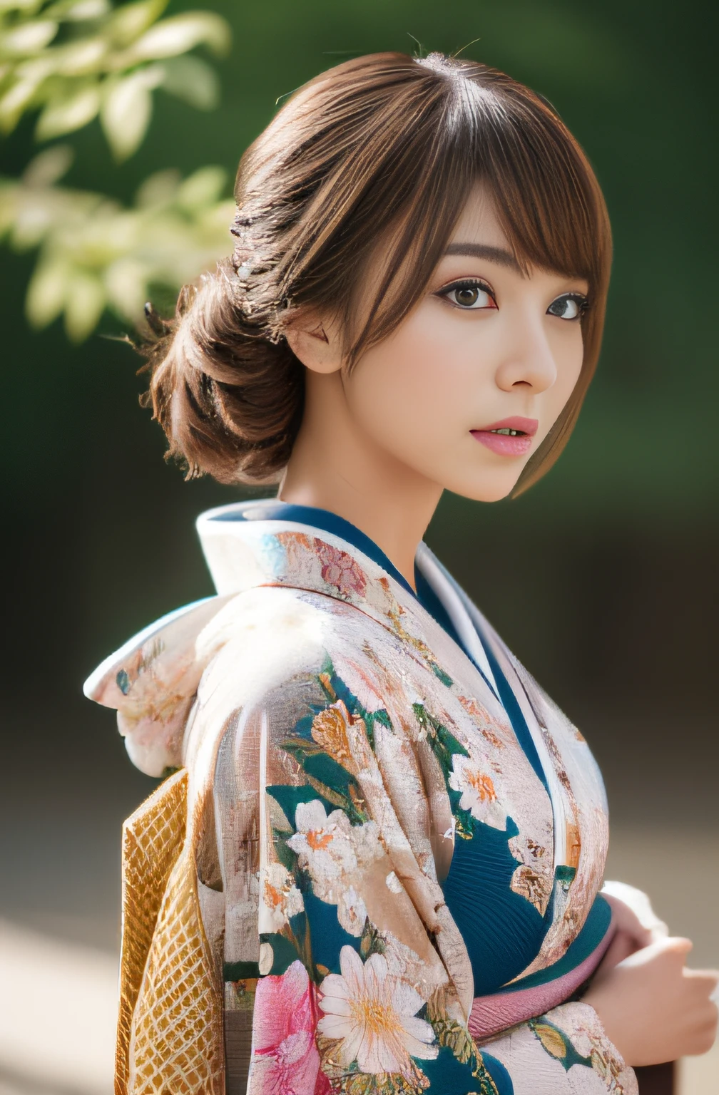 (masterpiece:1.2), ultra detailed, ultra high res, (realistic, photo realistic:1.37), high detail RAW color photo, professional photograph, an extremely delicate and beautiful, extremely detailed, 8k wallpaper, Amazing, finely detail, huge file size, extremely detailed beautiful girl, extremely detailed face, extremely detailed eyes, extremely detailed skin, extremely detailed fingers, extremely detailed nose, extremely detailed mouth, perfect anatomy, highly detailed background, (a famous actress of Japan:1.2), brown hair, Tanned skin, (gyaru:1.3), cinematic lighting, (full body:1.3), (floral printed kimono:1.3),