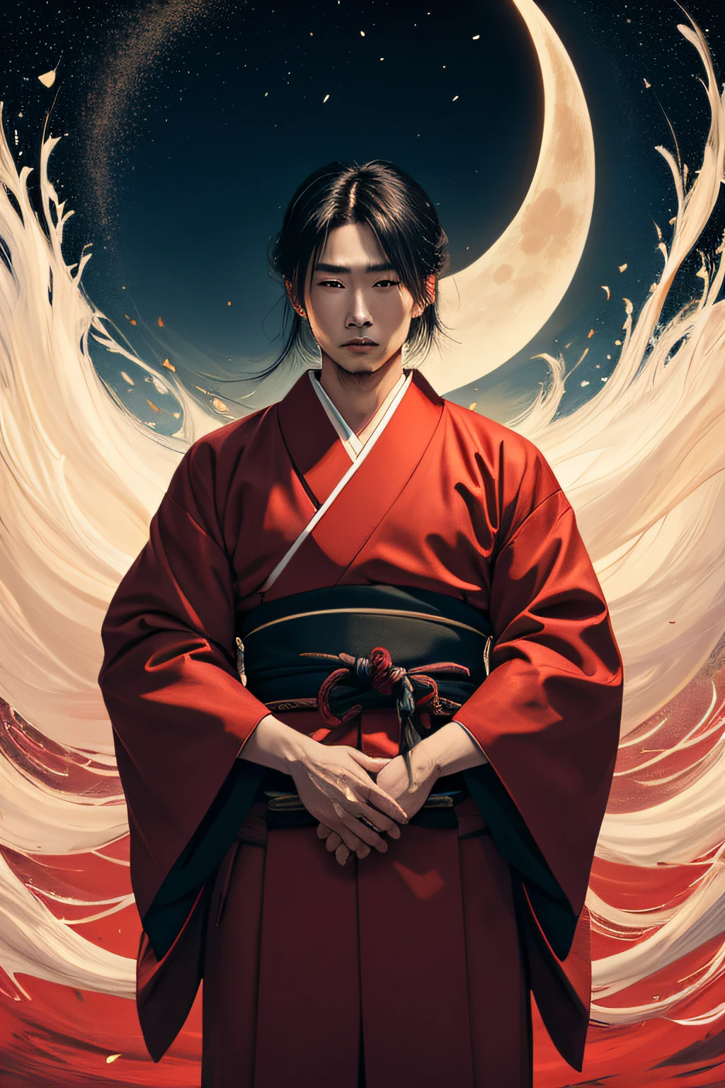 masterpiece, best quality, samurai in red kimono, cloth flowing in the air, moon, boreal steppe, sfw