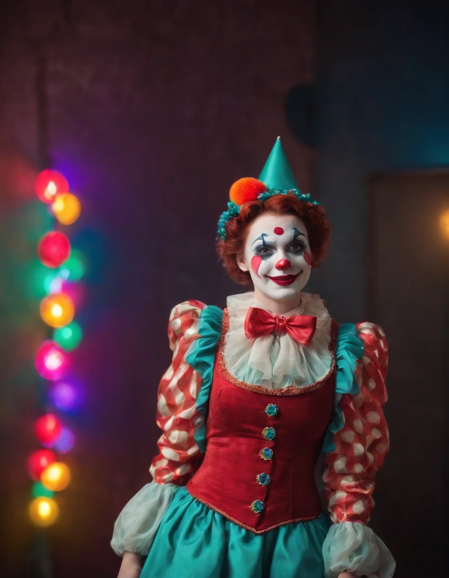 April Fools day dress up, clown, April Fools day dress up photo with colored lights behind, colored lights, background lights, bokeh style, semi long shot, high quality photo, (close up)