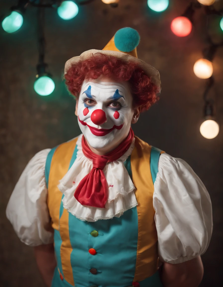 April Fools day dress up, clown, April Fools day dress up photo with colored lights behind, colored lights, background lights, bokeh style, semi long shot, high quality photo, (close up)