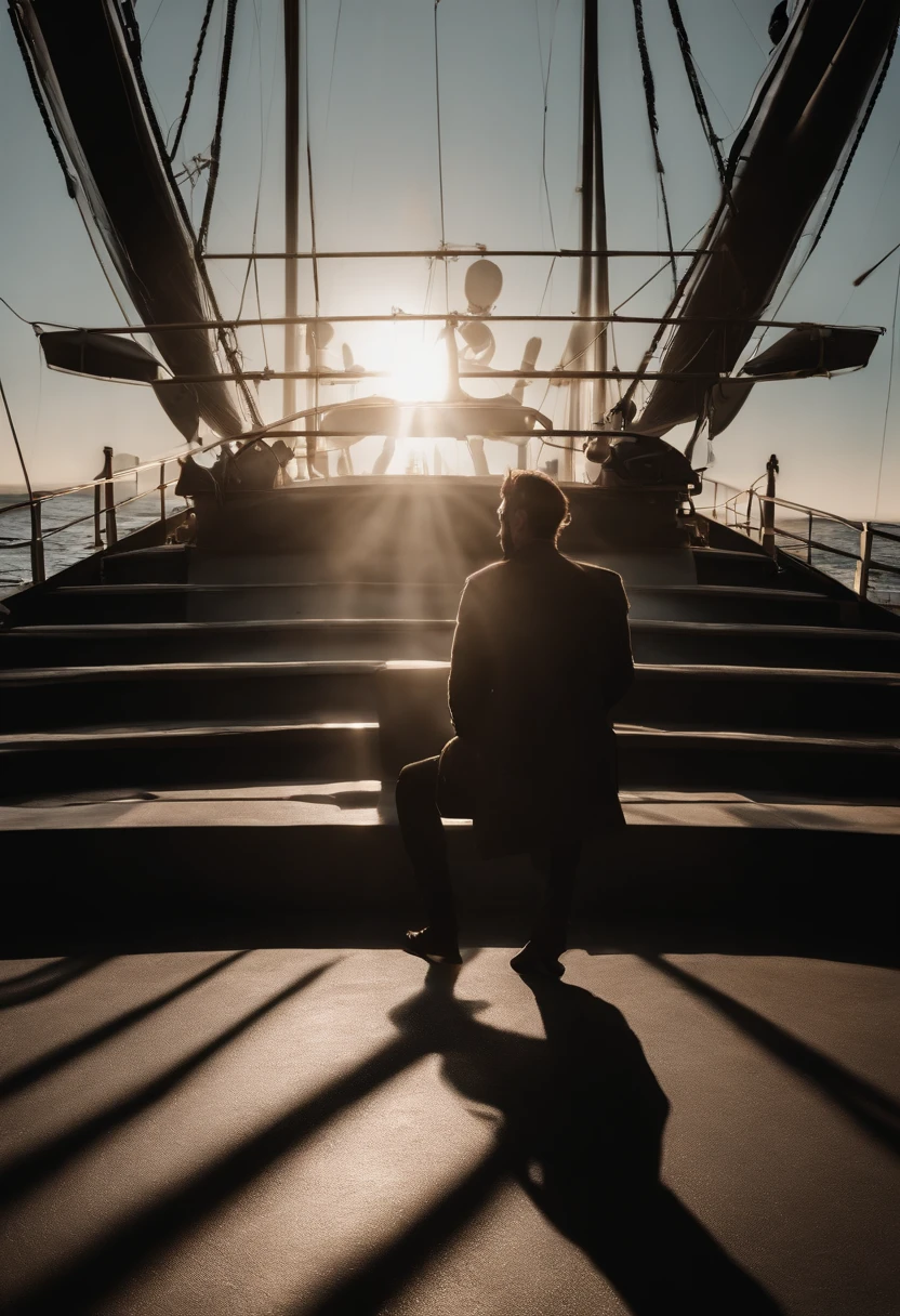 dingdall effect，A ship on the sea，Lone sailor standing on the ship，A person listens to music，enjoying life，Heaven to heaven，eye closeds，ssmile，Full of hope for life，gentlesunlight，Extreme light and shadow，Extreme light chasing，4k，1 man，blond hairbl，Have a beard，Smoking，Ultra-realistic people，Extreme skin，Extremely reflected light，unity，Poster-level photos