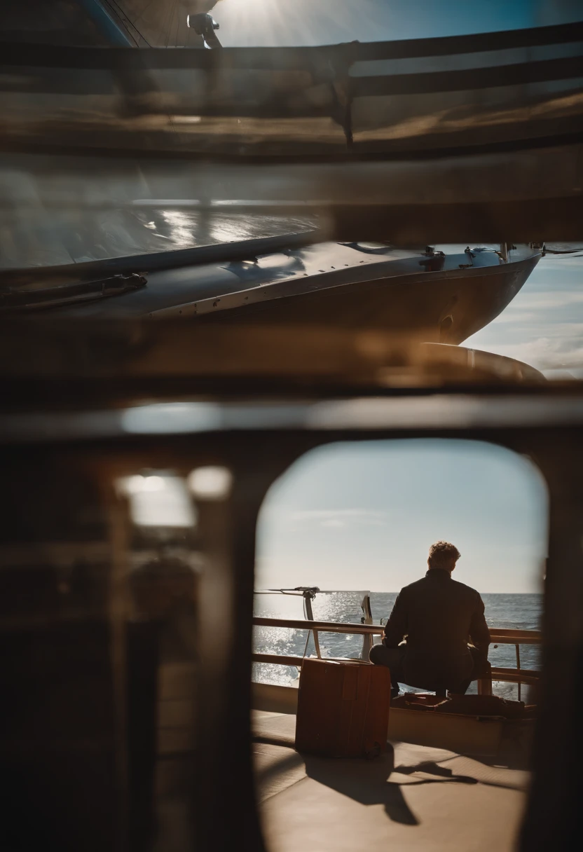 dingdall effect,A ship on the sea,Lone sailor standing on the ship,A person listens to music,enjoying life,Heaven to heaven,eye closeds,ssmile,Full of hope for life,gentlesunlight,Extreme light and shadow,Extreme light chasing,4k,1 man,blond hairbl,Have a beard,Smoking,Ultra-realistic people,Extreme skin,Extremely reflected light,unity,Poster-level photos
