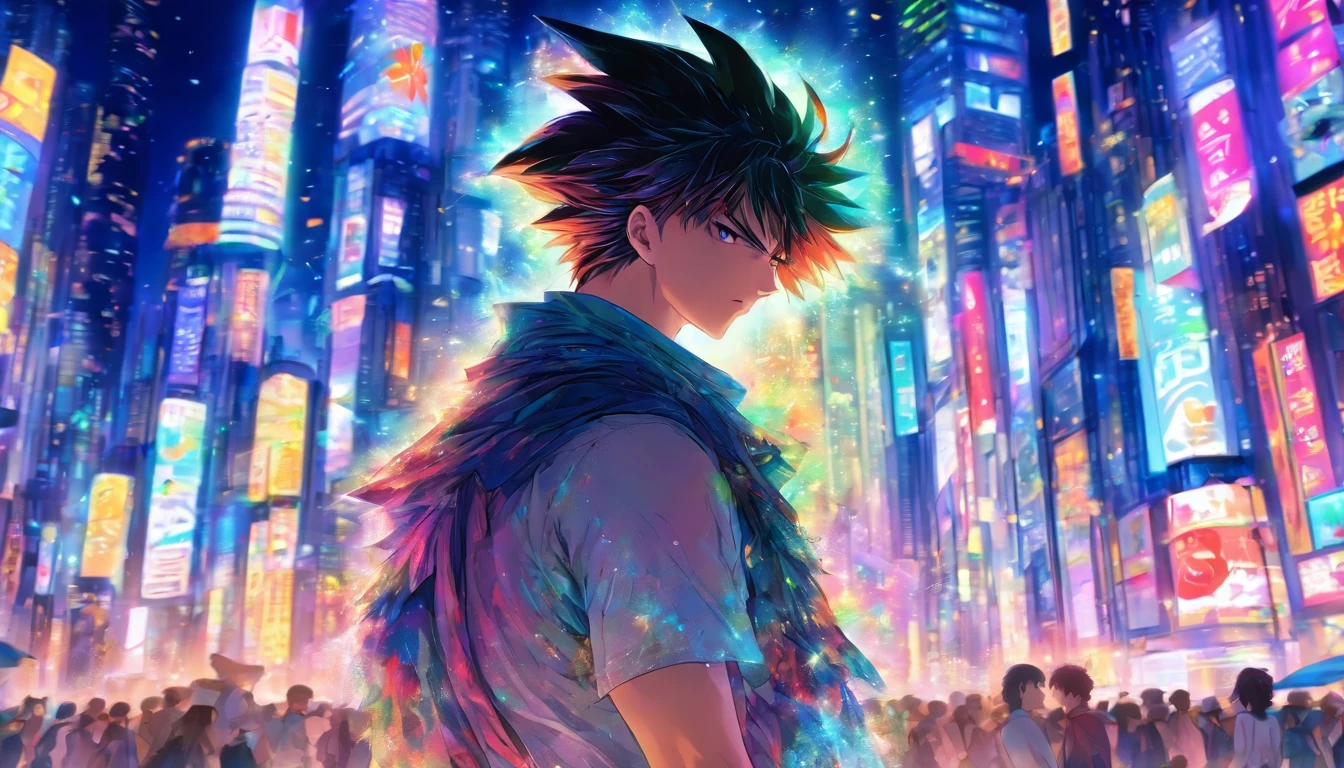 Young short-haired man standing on a busy city street, His eyes were full of deep contemplation, Put a spiny nail bat on your shoulder、Surrounded by towering buildings, Continuous traffic, And bustling crowds, ,In the style of the star art group Xing,32K, Best Quality, masutepiece, Super Detail, high details,