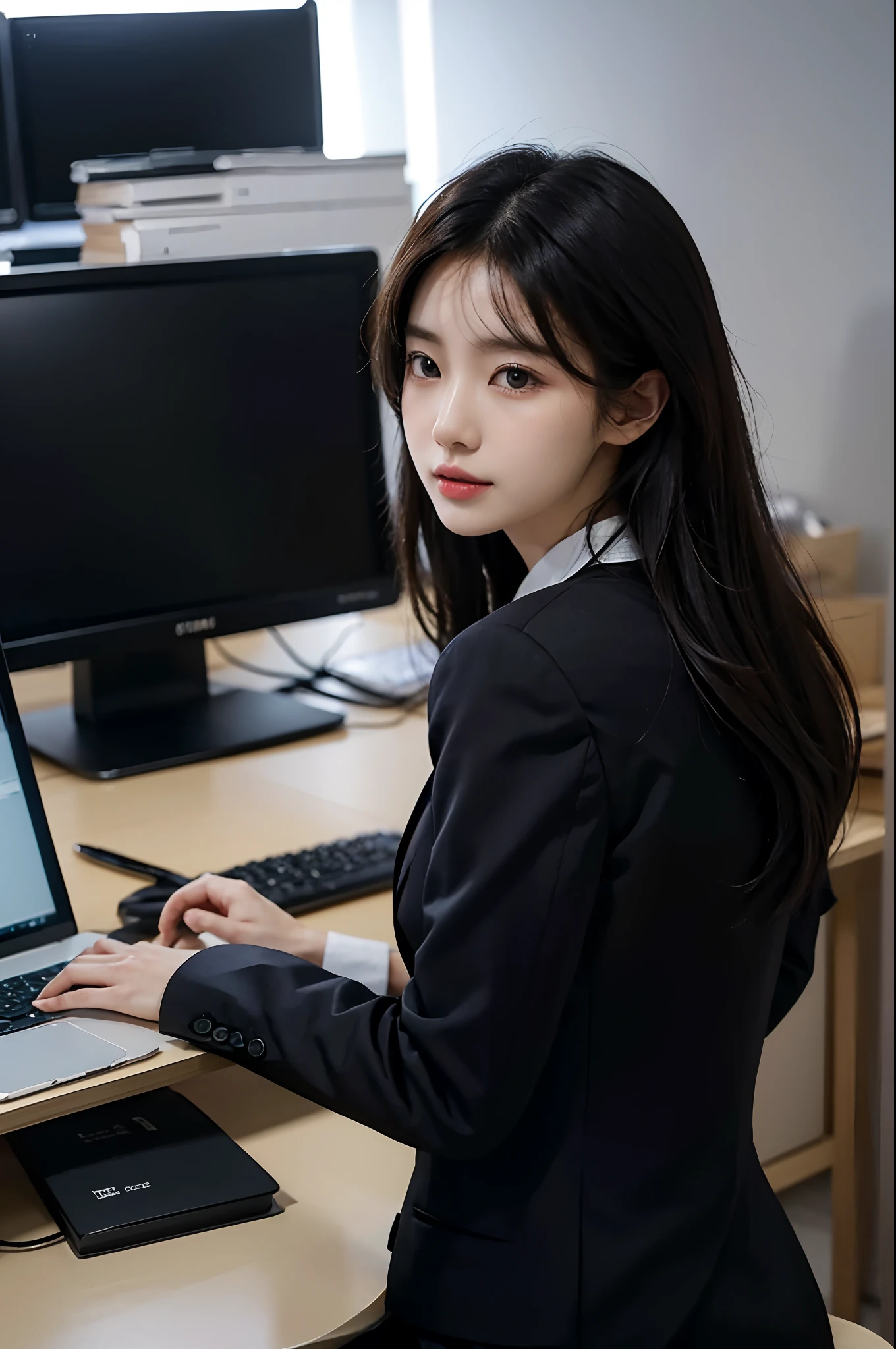 High-res, Realistic portrait of professional korean office lady with perfect skin,Professional suits,Women's suits,stand posture,The upper part of the body,Women in the workplace,Show confidence and maturity, Surrounded by a modern corporate environment, Vibrant and naturally lit highlights. The artwork should emphasize her elegant facial features, Including charming long eyes, Fluttering eyelashes and seductive lips. The scene should be enhanced with elements of professionalism and visual appeal,For example, Stylish work desk, Mainframe computers, High-resolution display, and complex stationery. The overall tone should be warm and professional, Has a soft and natural color palette. The artwork should exude a sense of professionalism, Success, and cultural pride,The background is blurred out