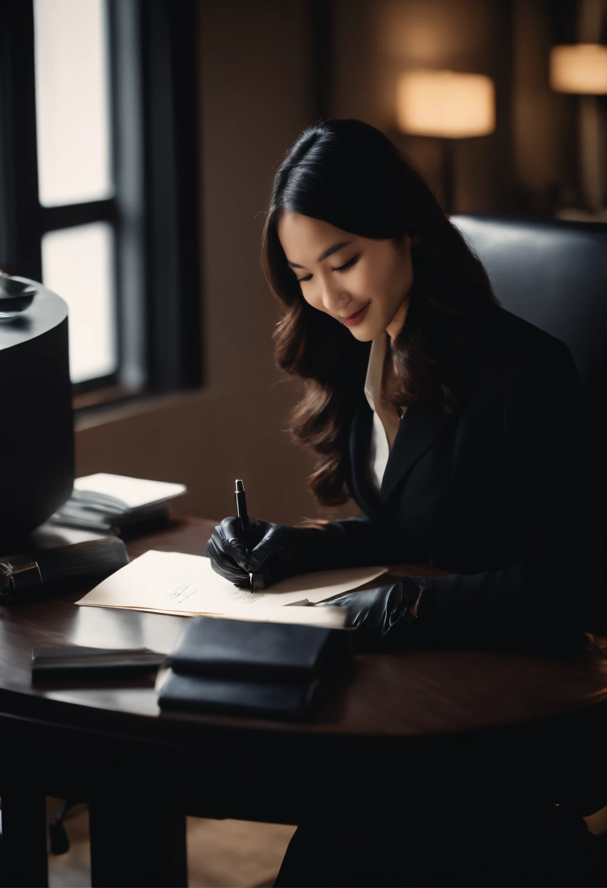 Wearing black leather gloves in both hands, upper body, black business suit, facing the desk in the modern study in the dark, looking down and smiling, writing a letter using a fountain pen, long, straight black hair, young and very cute Japanese female new employee (black leather gloves cover both hands)