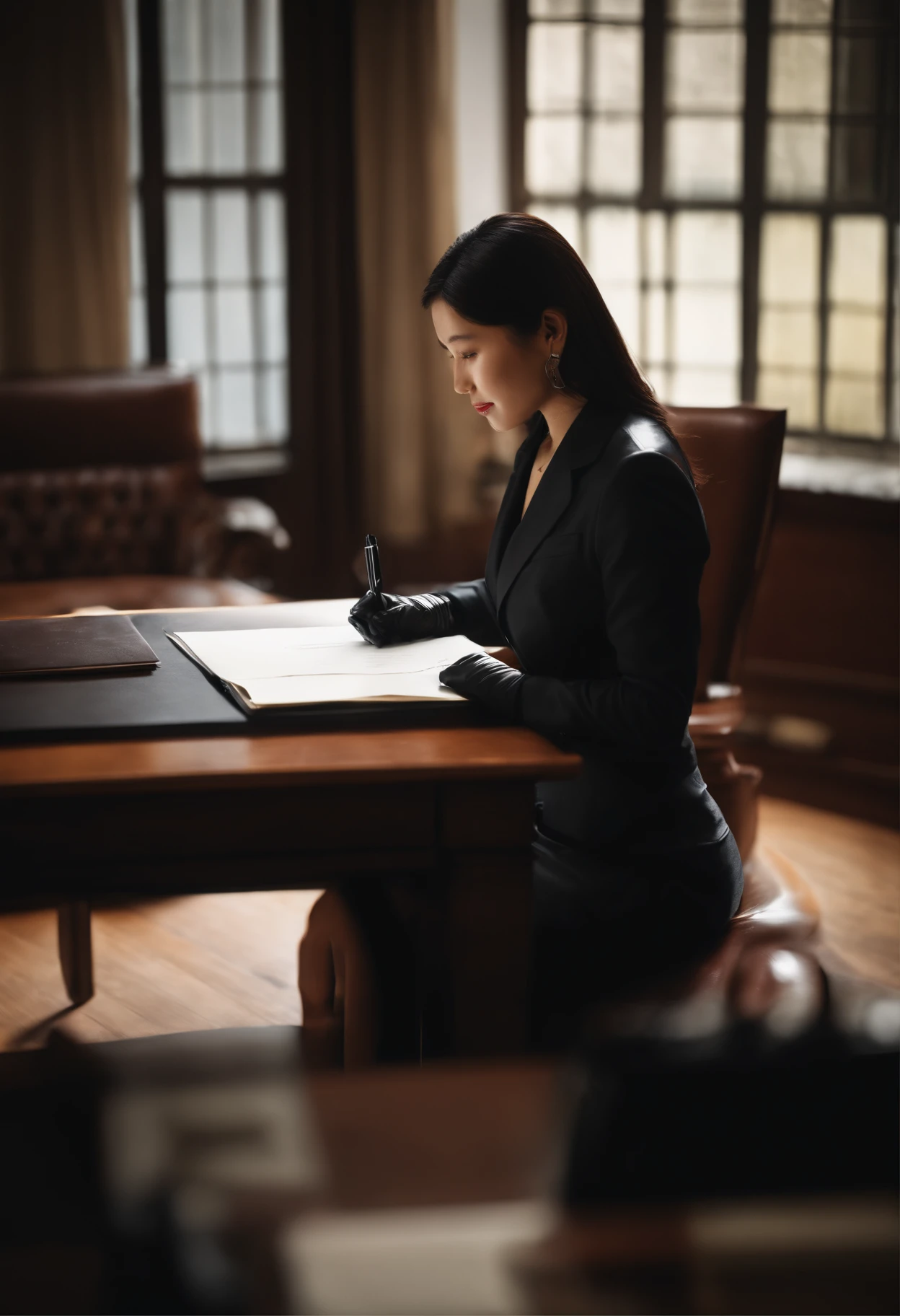 Wearing black leather gloves in both hands, upper body, black business suit, facing the desk in the modern study in the dark, looking down and smiling, writing a letter using a fountain pen, long, straight black hair, young and very cute Japanese female new employee (black leather gloves cover both hands)