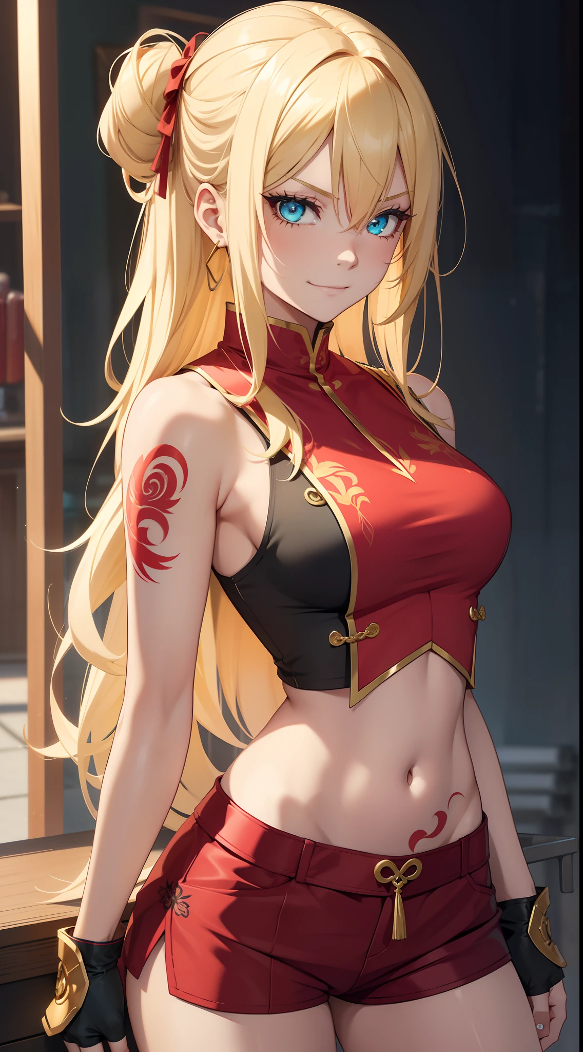young girl, longue blonde hair, Cyan eyes, Tatoo, smirk, Red Chinese Top, Sleeveless, neckline on the chest, open breasts, Gold Elements, Shorts, tmasterpiece, hiquality
