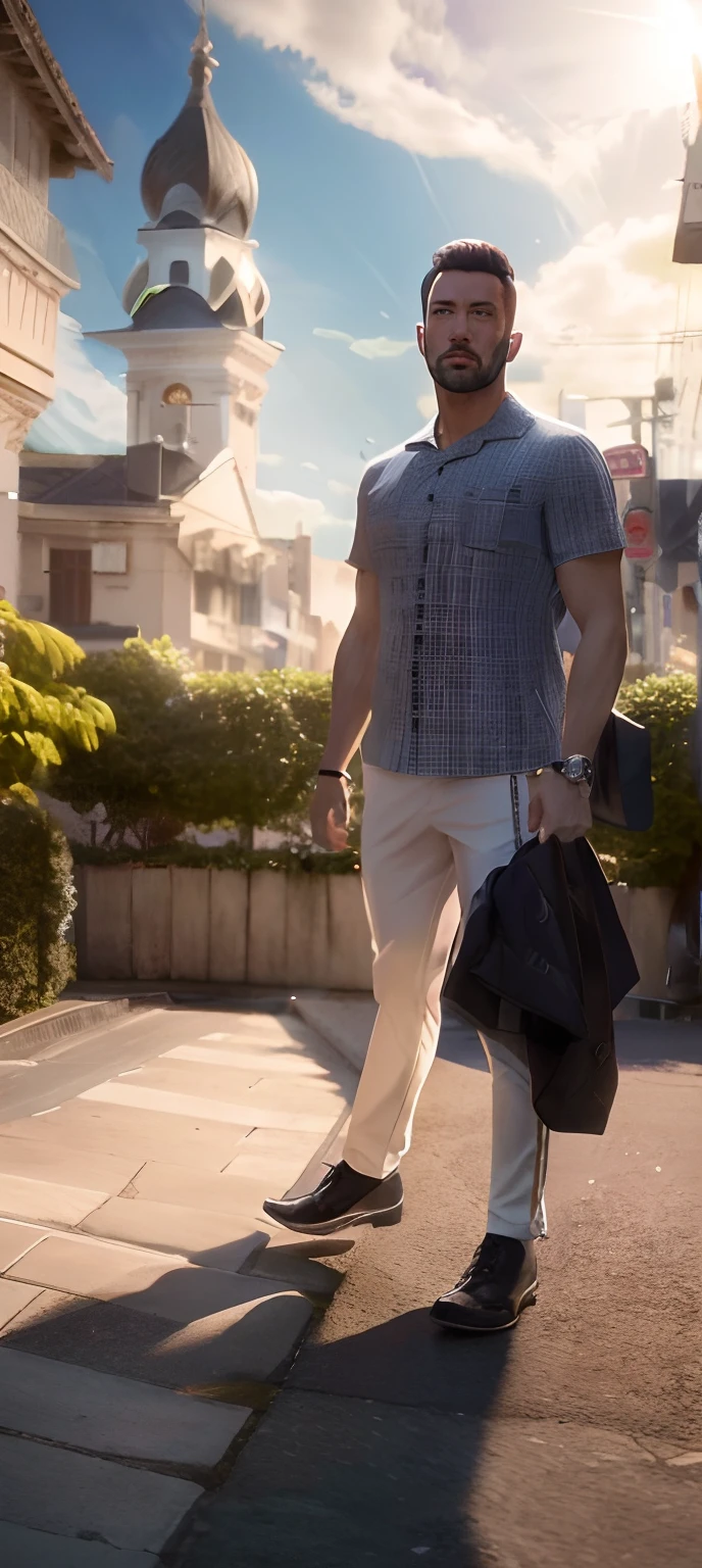 arafed man walking down a street with a jacket on his shoulder, man walking through city, in style of kyrill kotashev, nice afternoon lighting, cinematic outfit photo, cinematic still, smart casual, in style of ultra realistic, standing in a city street, wearing a linen shirt, [ cinematic, cinematic full body shot, photorealistic cinematic render