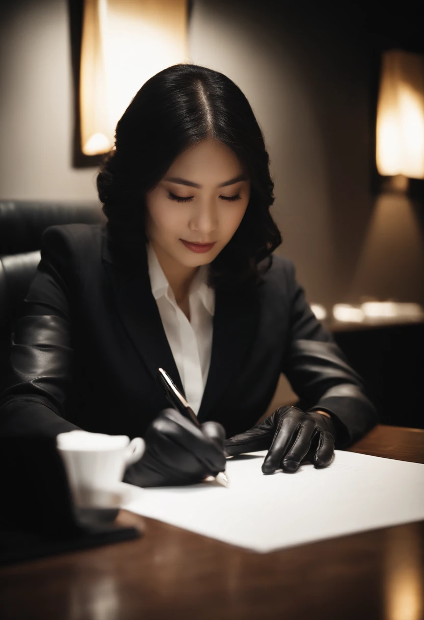 Wearing black leather gloves in both hands, upper body, black business suit, facing the desk in the modern study in the dark, looking down and smiling, writing a letter using a fountain pen, long, straight black hair, young and very cute Japanese female new employee (black leather gloves cover both hands)