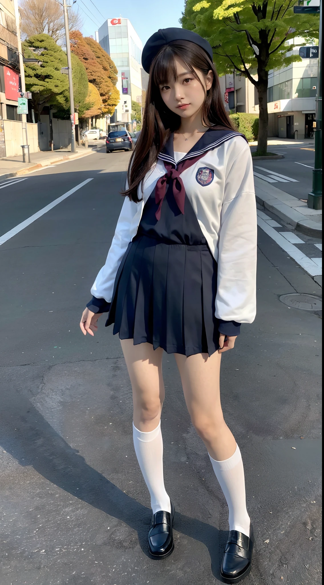 mix4, (16 K, Raw photography, Top image quality, masterpiece: 1.45), (realisitic, Photorealsitic: 1.37), one girls, 7.5, etc、Standing figure,Noon time slot、cute little, A city scape,, profetional lighting, photon maping, Cityscape with street trees, physically-based renderingt, Gradient dark brown hair,, a handsome, Well-groomed and beautiful eyes、Large double eyelids、Very shiny、girl with, (((student clothes、Long sleeve sailor suit worn by Japan girl、red cuffs、Dark blue mini skirt, Small gray beret、Dark blue knee-high socks、Black loafers))), Top Quality Photos, hight resolution, 1080p, (clearface), (Detailed face description), (Detailed hand description), (masterpiece), (Exquisite CG)、extreme light and shadows、dishevled hair、master work、abundant detail、(Fine facial features)、(top quality photo)、(masuter piece)、(A detailed eye)、Look in front of you、Fine clavicle、((Slender big))、(((Japan schooln long-sleeved sailor suit)))、((Ready Idol System))、((Boulevard with street trees、Roads at the scramble intersection))、(Shooting from random perspectives)、(((Anyway cute)))、耳Nipple Ring、A big smile、Drawing the whole body from the knees、Do not draw nasolabial folds、(((Long-sleeved sailor suit)))、(Big breasts that hang down big:1.2)、Big buttocks with tension、Two arms and two legs、(((from the front side:0.5)))、bare hand、No mask