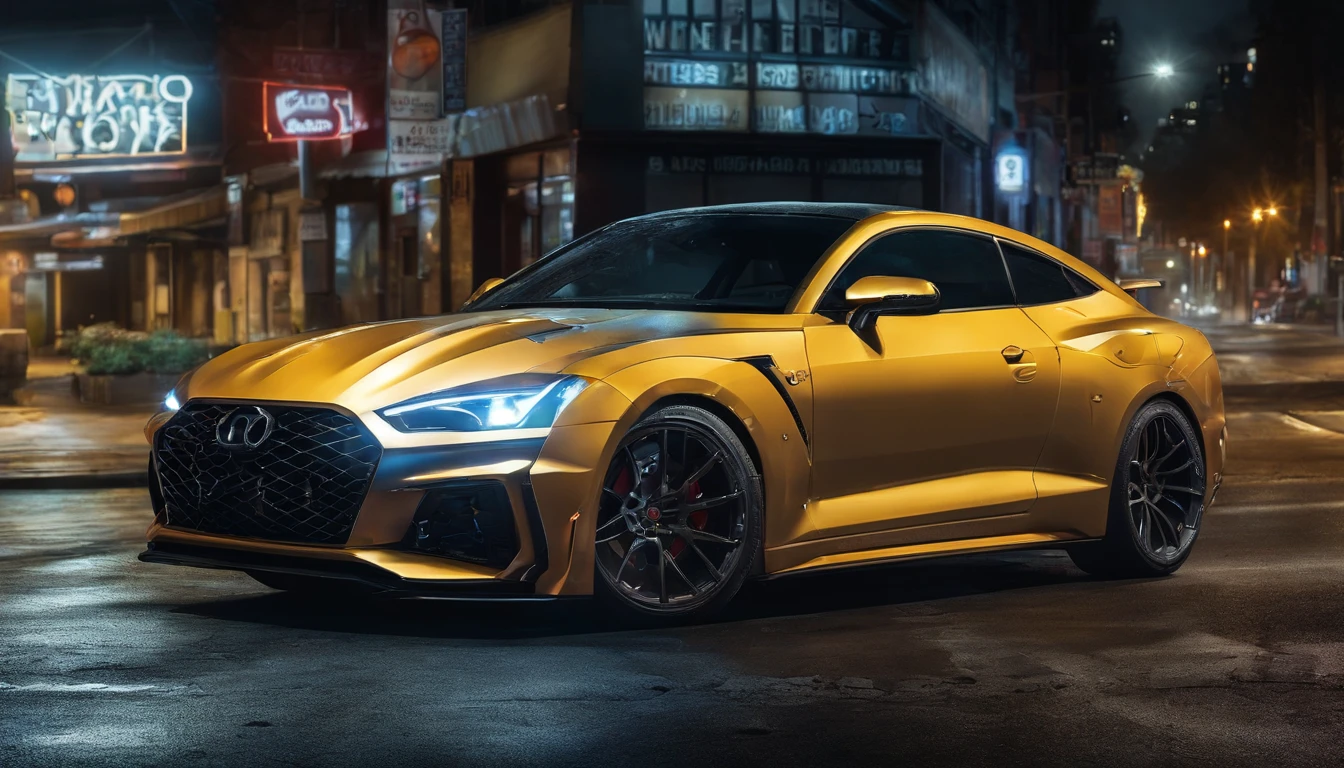 Long exposure photography, Brightly lit car on a dark street, Dramatic light, soft focus