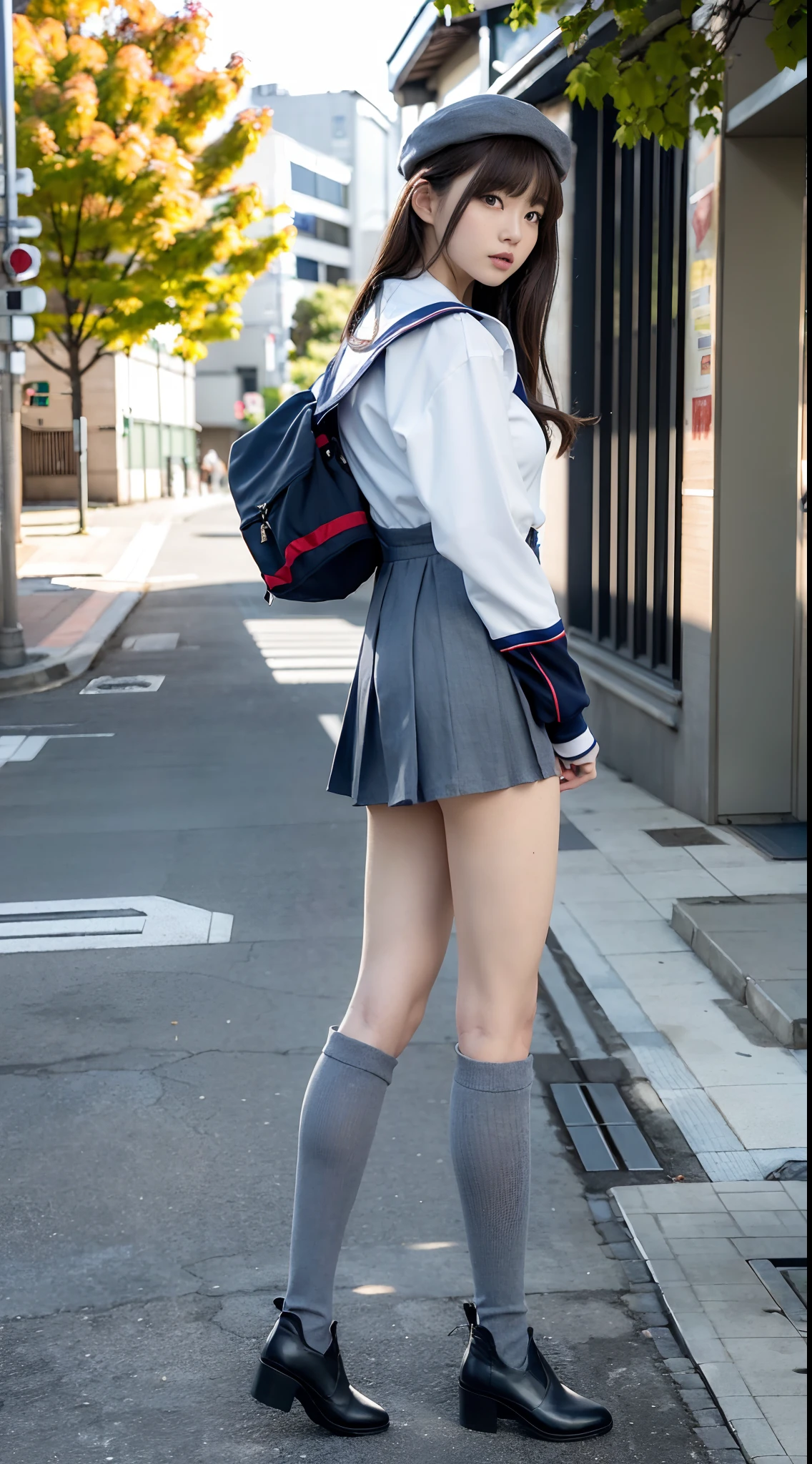 mix4, (16 K, Raw photography, Top image quality, ​masterpiece: 1.45), (realisitic, Photorealsitic: 1.37), one girls, 7．5, etc、Standing figure，Noon time slot、cute little, A city scape,, profetional lighting, photon maping, Cityscape with street trees, physically-based renderingt, Gradient dark brown hair,, a handsome, Well-groomed and beautiful eyes、Large double eyelids、Very shiny、girl with, (((student clothes、Long sleeve sailor suit worn by Japan girl、red cuffs、Dark blue mini skirt, Small gray beret、Dark blue knee-high socks、Black loafers))), Top Quality Photos, hight resolution, 1080p, (clearface), (Detailed face description), (Detailed hand description), (​masterpiece), (Exquisite CG)、extreme light and shadows、dishevled hair、master work、abundant detail、(Fine facial features)、(top quality photo)、(masuter piece)、(A detailed eye)、Look in front of you、Fine clavicle、((Slender big))、(((Japan schooln long-sleeved sailor suit)))、((Ready Idol System))、((Boulevard with street trees、Roads at the scramble intersection))、(Shooting from random perspectives)、(((Anyway cute)))、耳Nipple Ring、A big smile、Drawing the whole body from the knees、Do not draw nasolabial folds、(((Long-sleeved sailor suit)))、(Big breasts that hang down big:1.2)、Big buttocks with tension、Two arms and two legs、(((from the front side:0.5)))、bare hand、No mask