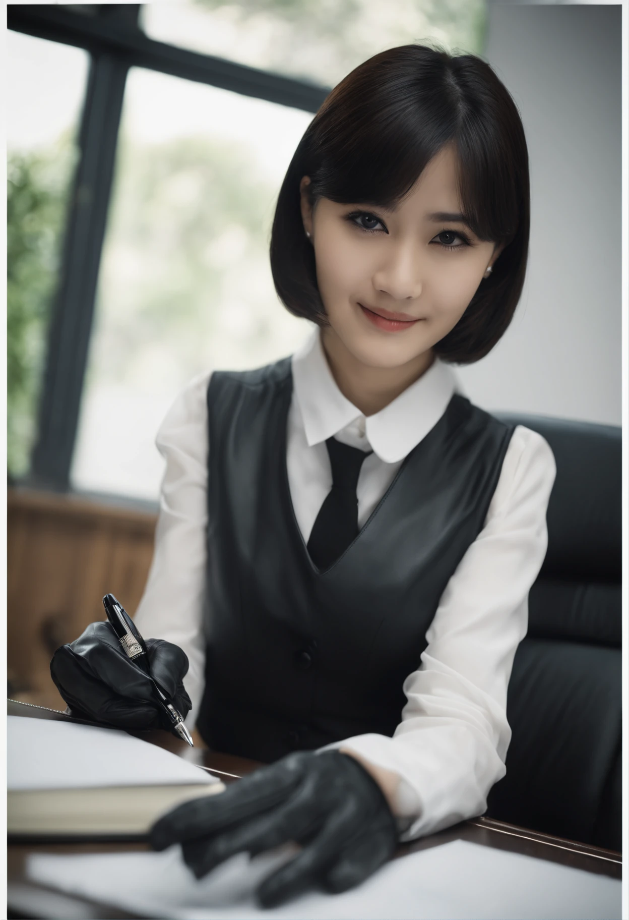 Wearing black leather gloves in both hands, upper body, black business suit, facing the desk in the modern study in the dark, looking down and smiling, writing a letter using a fountain pen, long, straight black hair, young and very cute Japanese female new employee (black leather gloves cover both hands)