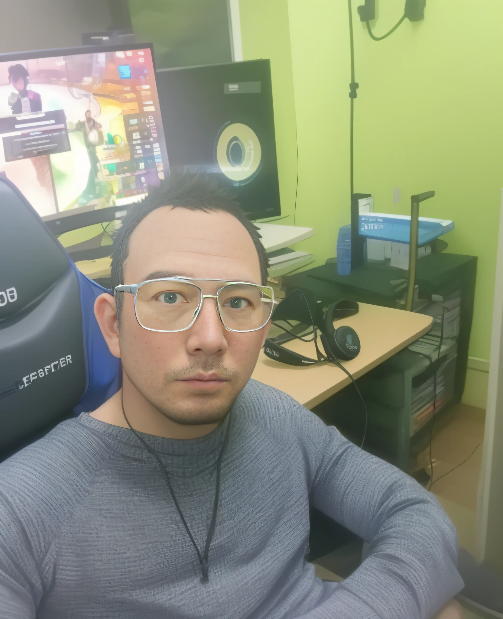 there is a Vietnamese man sitting in a chair with a computer monitor, twitch streamer / gamer ludwig, profile picture 1024px, with head phones, transparent glasses, yanjun chengt, !!wearing modern glasses!!, #oc, # oc, /r/razer, low quality photo, wearing transparent glass mask, professional profile picture