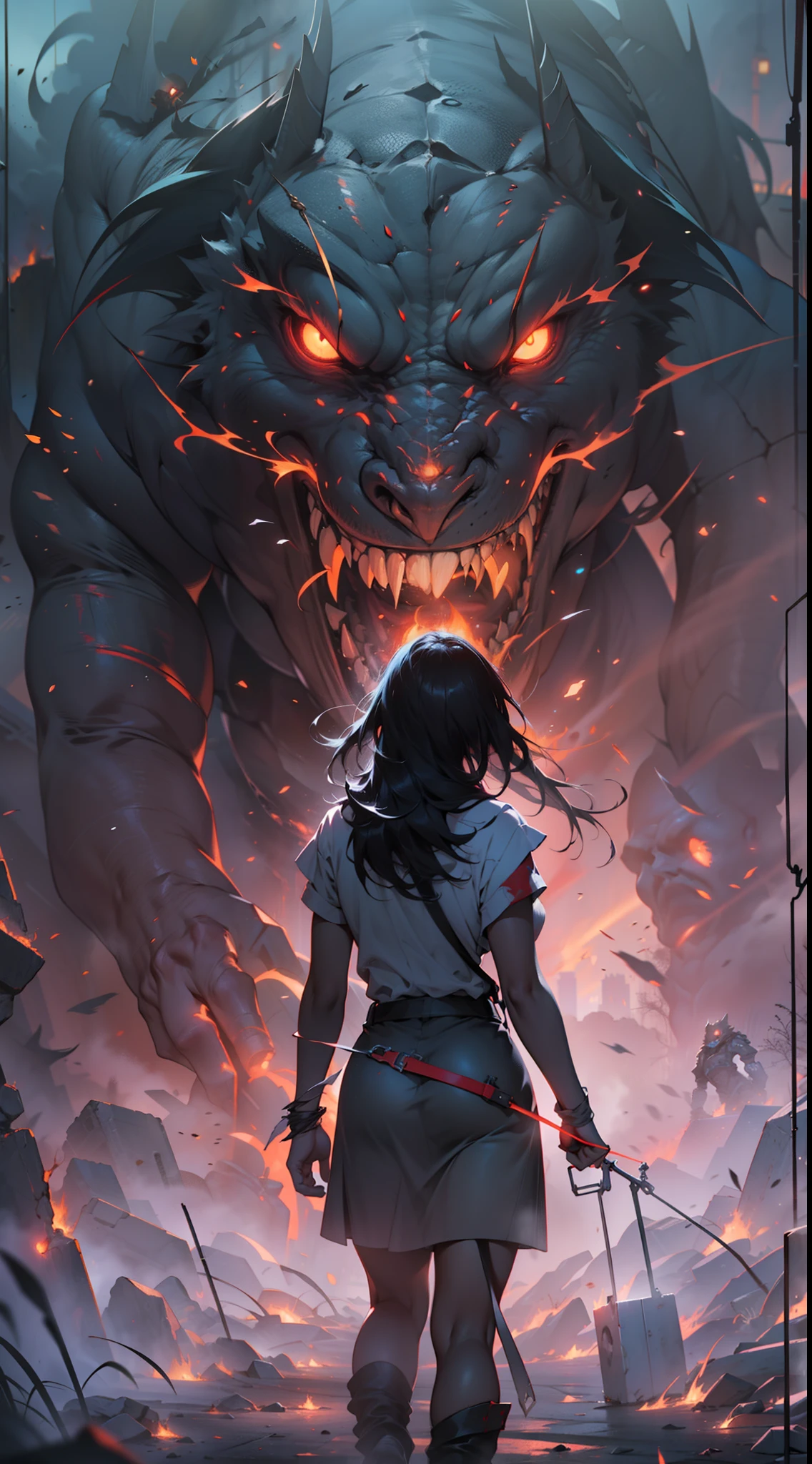 A girl control the horror monster realistic, heavy fog everywhere, fire, chaotic moments, futuristic situation, cinematic art, cinematic light effects, masterpiece collection
