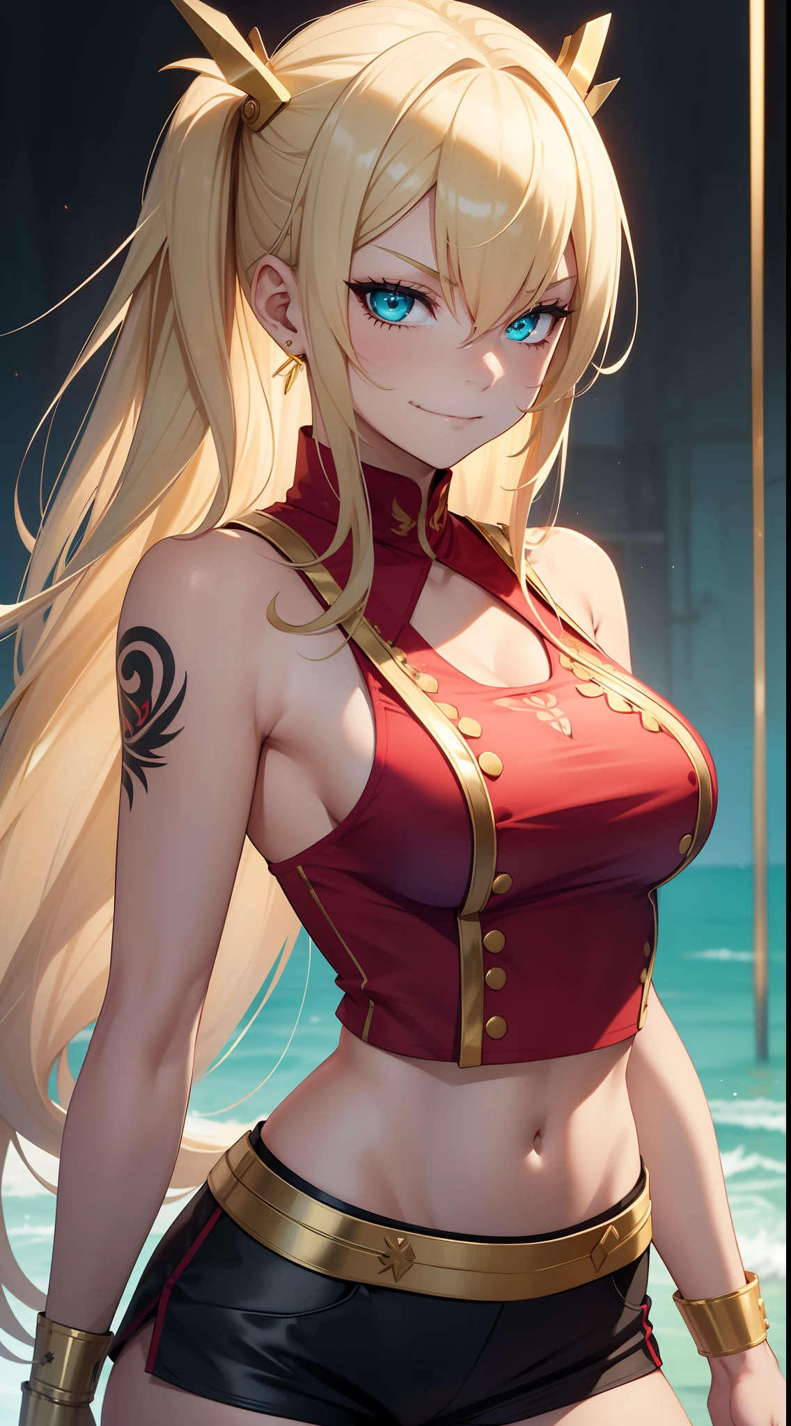 young girl, longue blonde hair, Hairpin with a bundle, turquoise eyes, Yakuza tattoos, red tight uniform, Sleeveless, Wide neckline on the chest to the abdomen, Gold Elements, Red gold armor, Shorts, claws, smirk, Masterpiece, hiquality, 4k, HD, Good detail