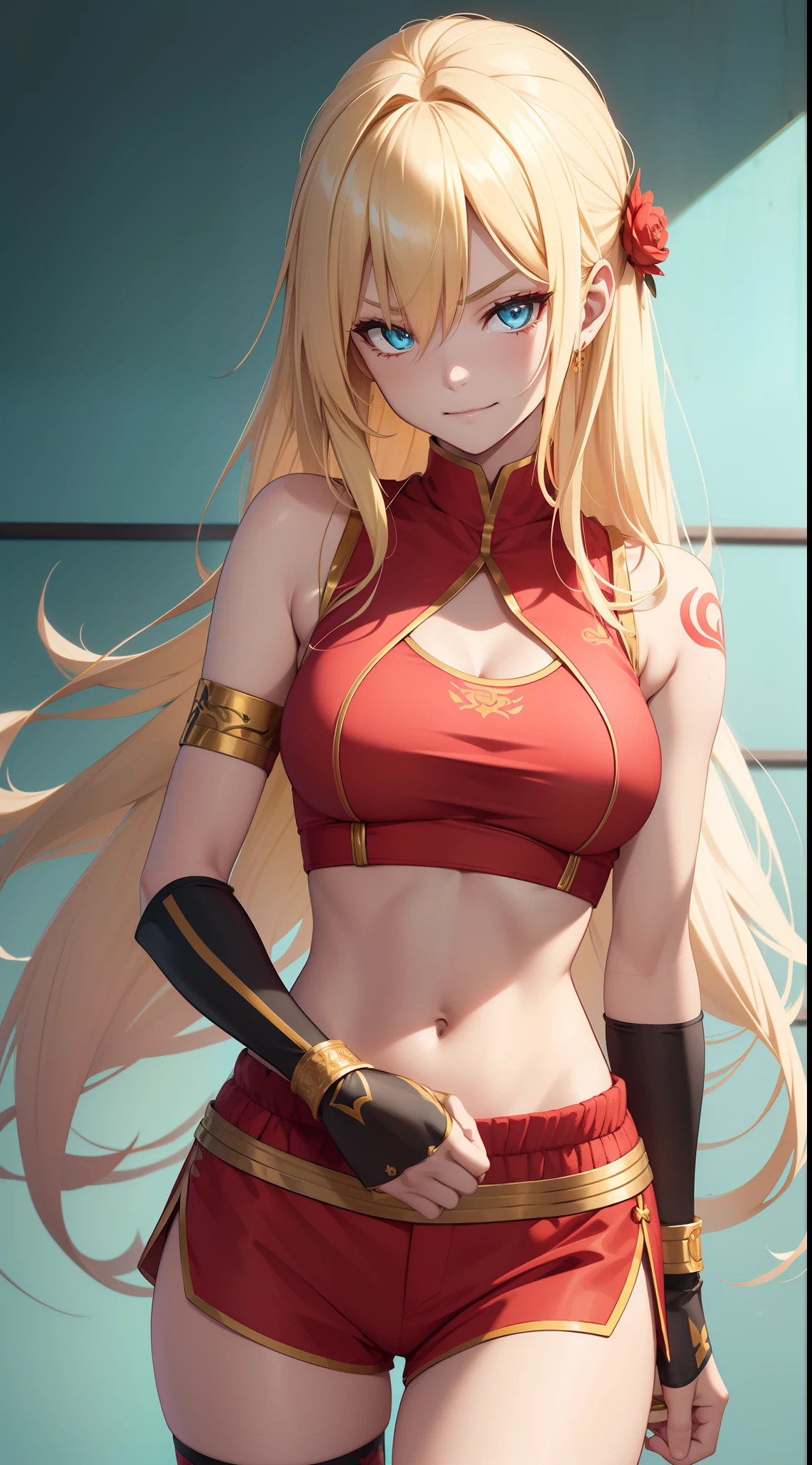 young girl, longue blonde hair, Hairpin with a bundle, turquoise eyes, Yakuza tattoos, red tight uniform, Sleeveless, Wide neckline on the chest to the abdomen, Gold Elements, Red gold armor, Shorts, claws, smirk, Masterpiece, hiquality, 4k, HD, Good detail