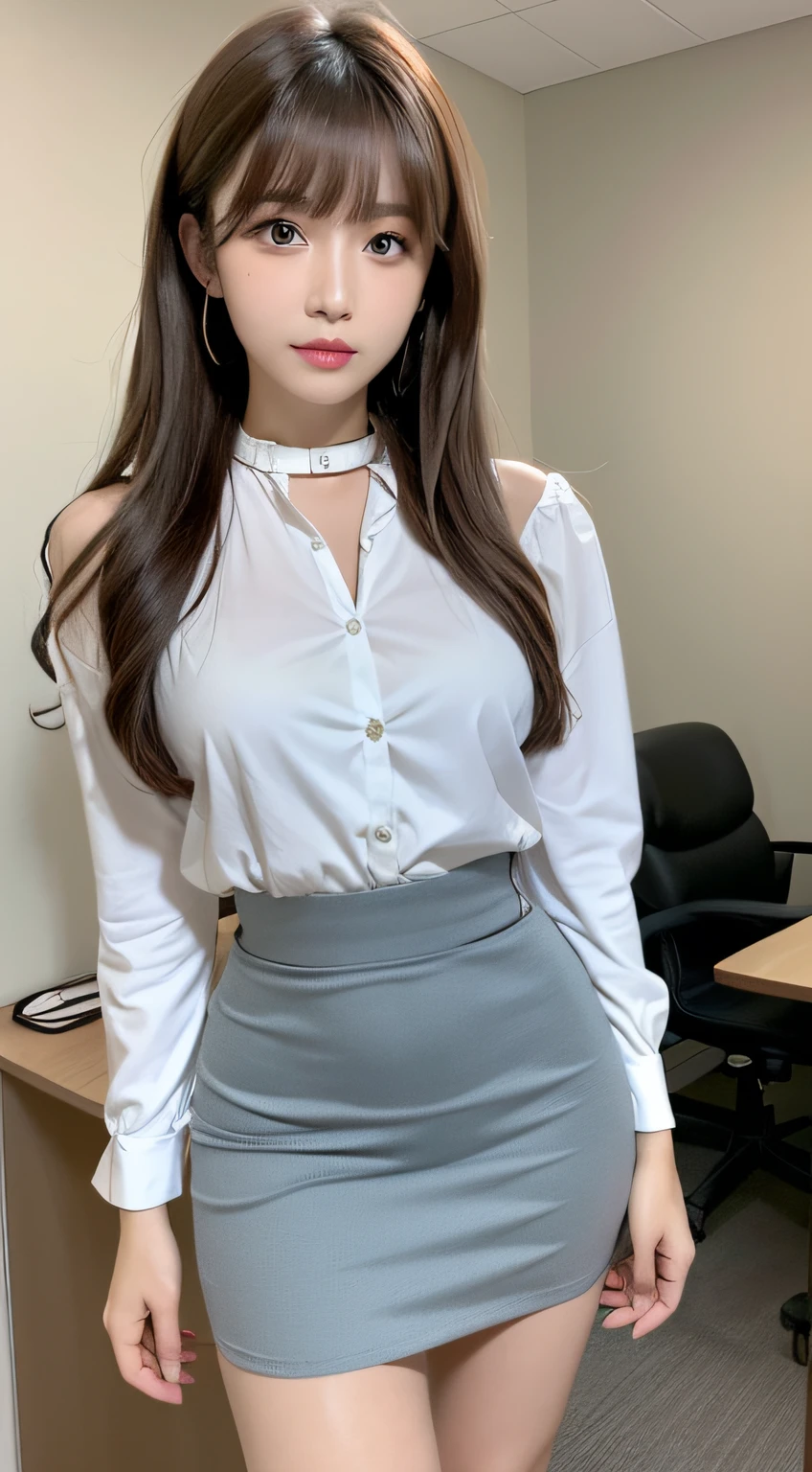 Masterpiece, top quality, characteristics of the whole body (saukztf: 1.3), brown shoulder-length hair, bangs, big eyes, parted lips, black eyes, uniform, white blouse, rain, soaked, blouse on bare skin, light blue underwear, sheer, dripping water droplets, small, plaid pattern, gray colored pleated skirt, bent over with legs open, 17 years old,
