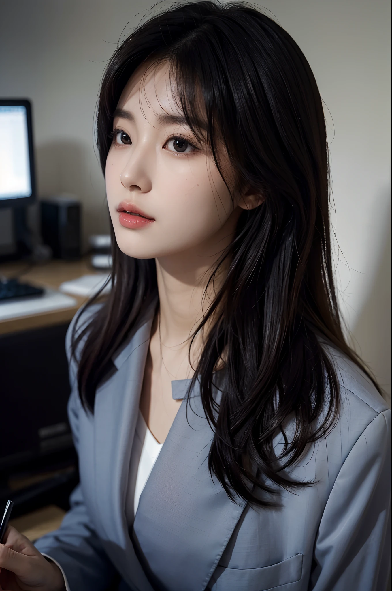 High-res, Realistic portrait of professional korean office lady with perfect skin，Professional suits，Women's suits，stand posture，The upper part of the body，Women in the workplace，Show confidence and maturity, Surrounded by a modern corporate environment, Vibrant and naturally lit highlights. The artwork should emphasize her elegant facial features, Including charming long eyes, Fluttering eyelashes and seductive lips. The scene should be enhanced with elements of professionalism and visual appeal，For example, Stylish work desk, Mainframe computers, High-resolution display, and complex stationery. The overall tone should be warm and professional, Has a soft and natural color palette. The artwork should exude a sense of professionalism, Success, and cultural pride，The background is blurred out