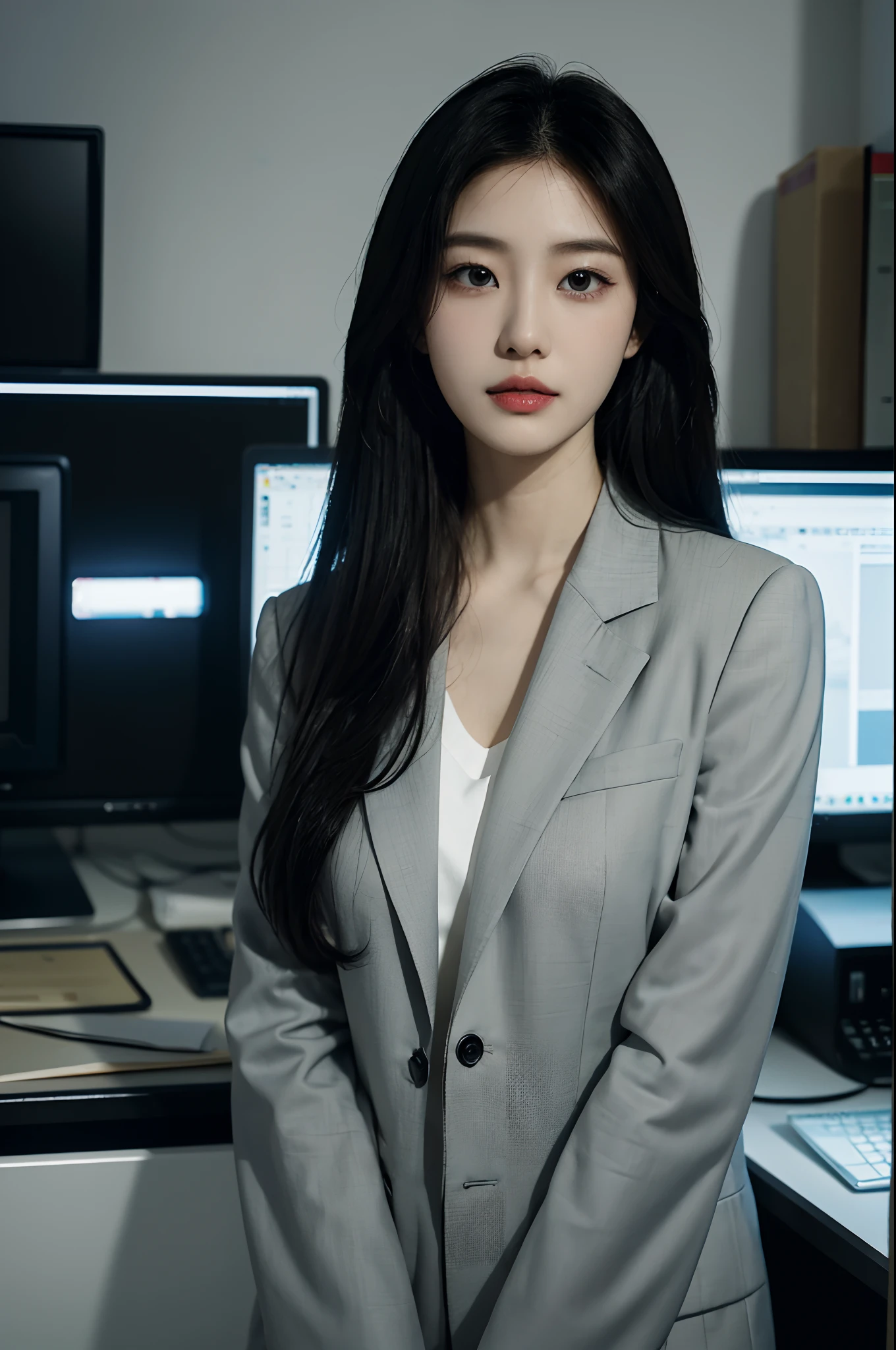 High-res, Realistic portrait of professional korean office lady with perfect skin,Professional suits,Women's suits,stand posture,The upper part of the body,Women in the workplace,Show confidence and maturity, Surrounded by a modern corporate environment, Vibrant and naturally lit highlights. The artwork should emphasize her elegant facial features, Including charming long eyes, Fluttering eyelashes and seductive lips. The scene should be enhanced with elements of professionalism and visual appeal,For example, Stylish work desk, Mainframe computers, High-resolution display, and complex stationery. The overall tone should be warm and professional, Has a soft and natural color palette. The artwork should exude a sense of professionalism, Success, and cultural pride,The background is blurred out
