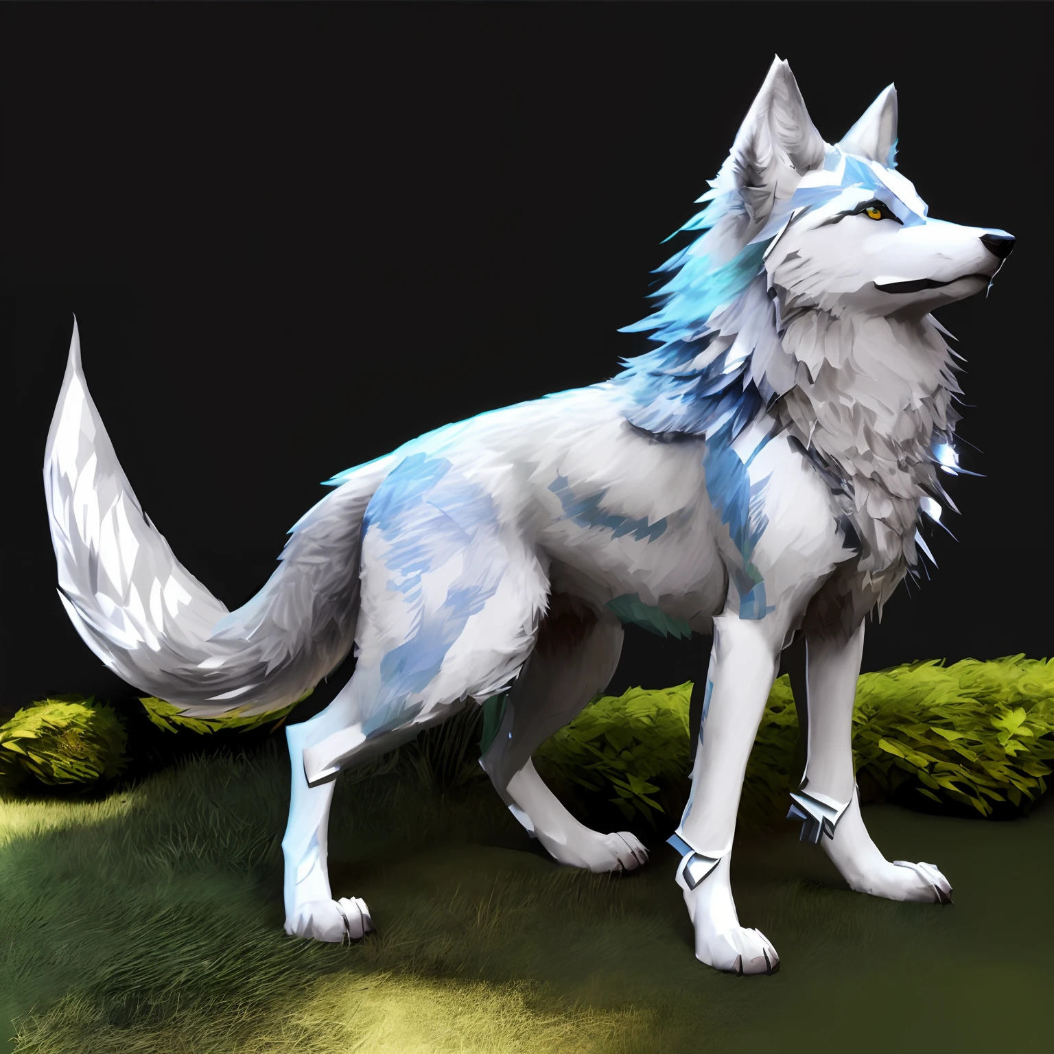 painting of a white wolf with blue eyes standing on a green surface, an anthropomorphic wolf, anthropomorphic wolf, stylized as a 3d render, female anthropomorphic wolf, anthropomorphic wolf male, lineless, furry wolf, an anthro wolf, husky in shiny armor, wolf fursona, a white wolf