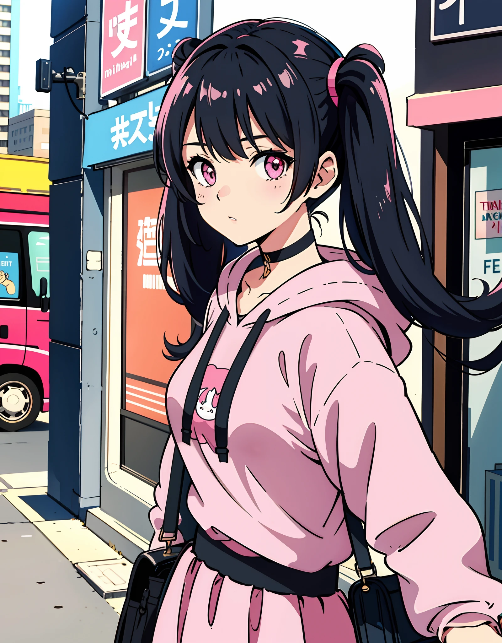 an anime girl with black hair in the crowded city, pink hoodie, Azur Lane, twintail, pink eyes, medium breasts, choker, beautiful pink eyes, in the style of vintage aesthetics, celebrity and pop culture references, animated gifs,gritty reportage,asante art, 32k uhd, 19thcentury --ar 58:77 --niji 5