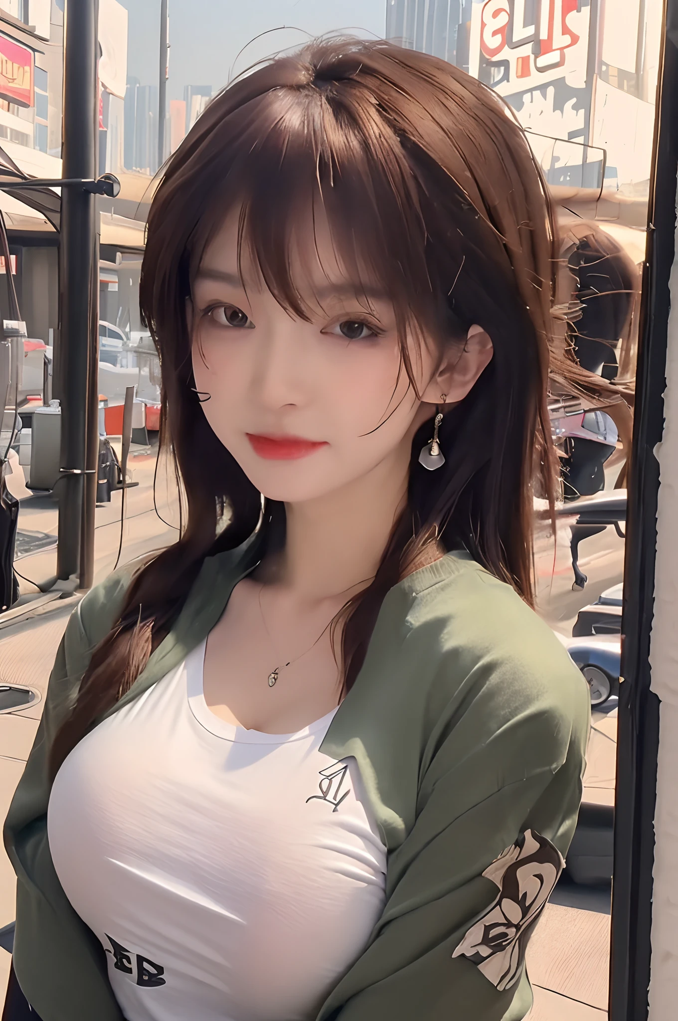 ((Best quality, 8k, Masterpiece :1.3)), Whole body, Long legs, Sharp focus :1.2, A pretty woman with perfect figure :1.4, Slender abs :1.1, ((Dark brown layered hair, Big breasts :1.2)), (White tight tshirt, Leggings, Standing:1.2), ((Night city view, Rooftop:1.3)), Highly detailed face and skin texture, Detailed eyes, Double eyelid