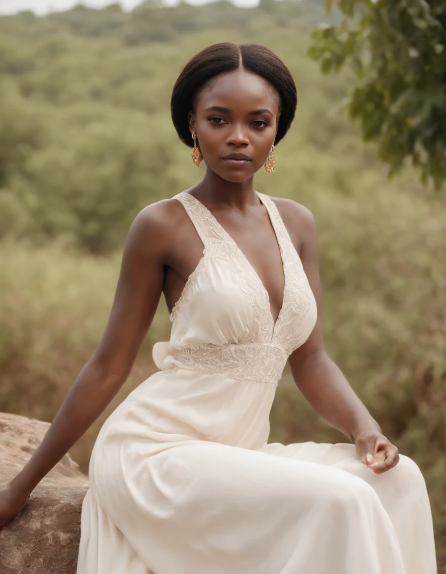 Girl wearing simple white long dress African style, eye-catching resin jewelry, dark gold and light beige, pastoral scene, raw authenticity, Olympus om-1, art of the Ivory Coast, ((upper body))