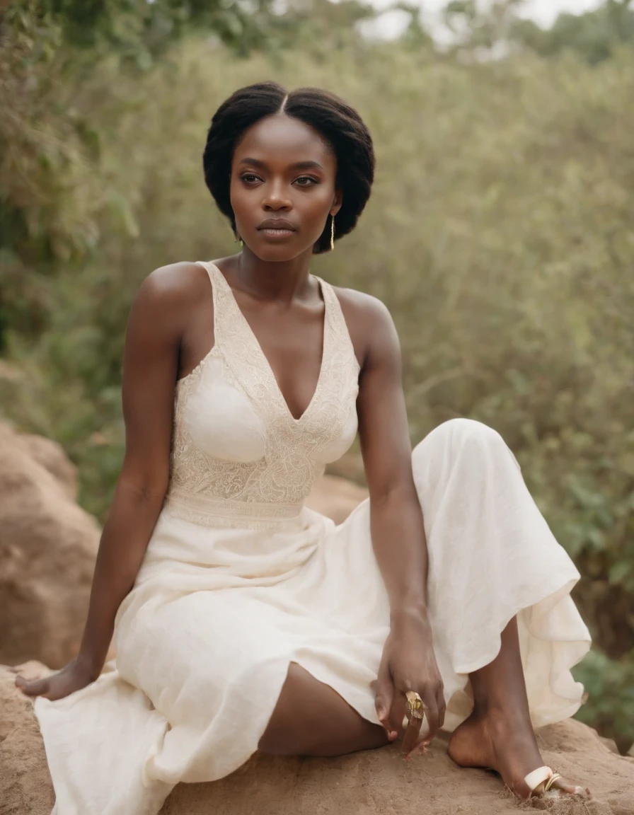 girl wearing a simple long white dress sitting on rock, in the style of african influence, eye-catching resin jewelry, dark gold and light beige, pastoral settings, raw authenticity, olympus om-1, art of the ivory coast , ((upper body))