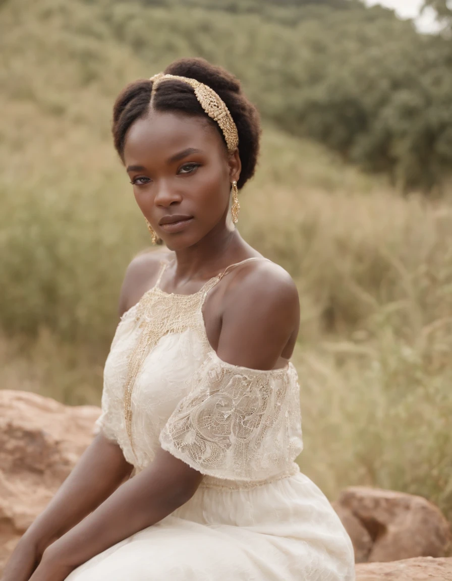 girl wearing a simple long white dress sitting on rock, in the style of african influence, eye-catching resin jewelry, dark gold and light beige, pastoral settings, raw authenticity, olympus om-1, art of the ivory coast , ((upper body))